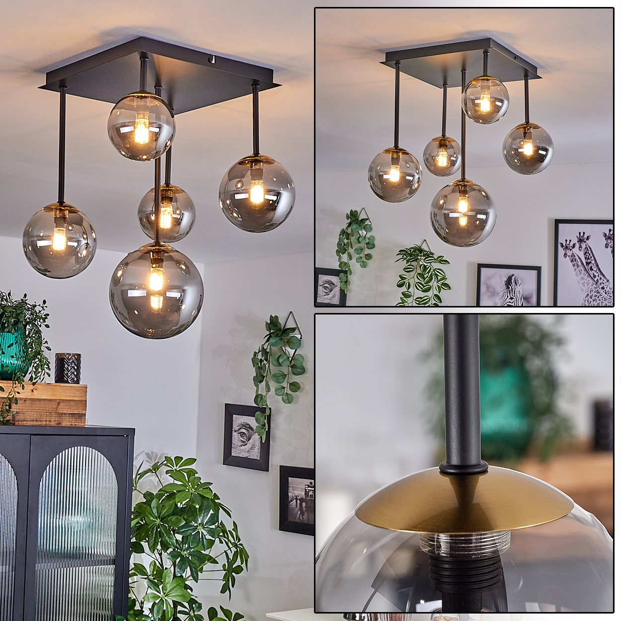 Moderne Hängeleuchte mit sechs kugelförmigen Glasschirmen und schwarzen Metallstützen, die an einer quadratischen Deckenhalterung hängen. Pflanzen und Bilder umgeben sie.