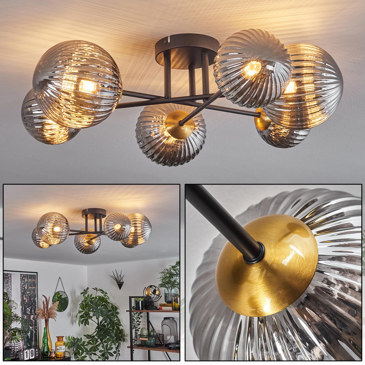 Deckenlampe mit sechs Glaskugeln. Jede Kugel hat ein geripptes Design, und die Metallteile sind schwarz und gold.