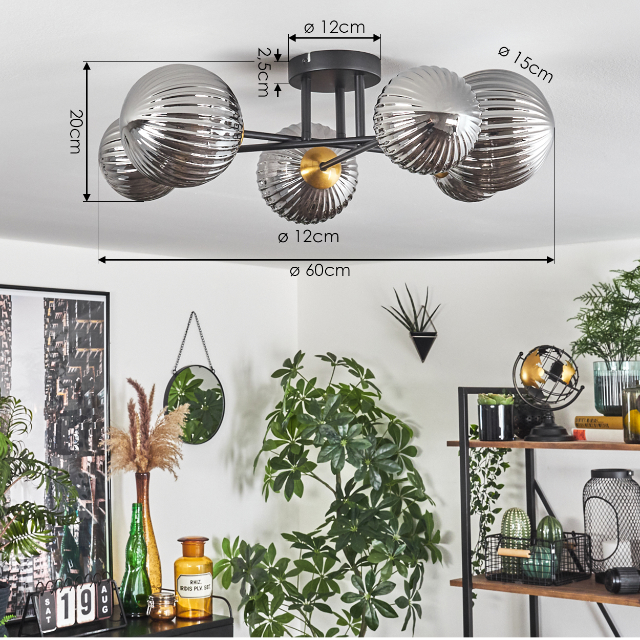 Eine Deckenlampe mit fünf silbernen Kugeln, Maße sind markiert. Pflanzen, ein Spiegel, ein Regal mit Dekorationen sind im Hintergrund.