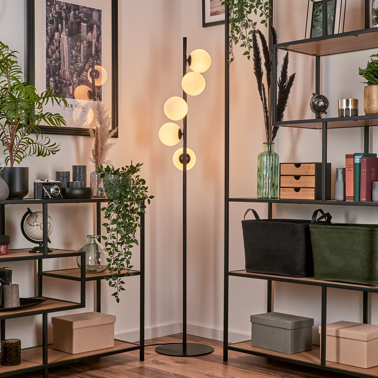 Innenaufnahme mit Regalen, einer Stehlampe mit Kugelleuchten, Dekorationsartikeln und Pflanzen. Kisten und Aufbewahrungskörbe auf Regalen.