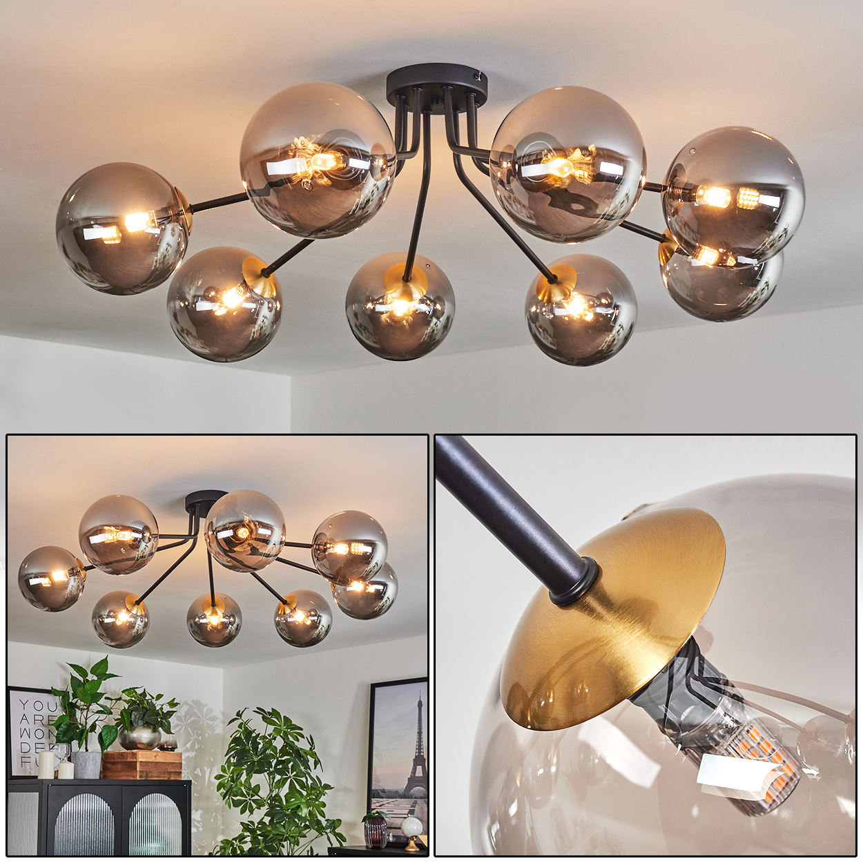Eine moderne Deckenleuchte mit mehreren Kugeln aus mattiertem Glas und schwarzen Metallarmen, beleuchtet von warmem Licht.