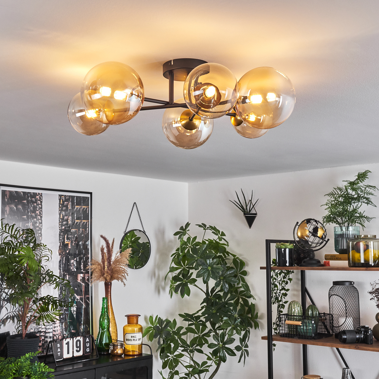 Ein Raum mit Deckenleuchte, Pflanzen, Spiegel und Dekorationsartikeln. Das Licht hat Glaskugeln. Pflanzen und Deko stehen auf Regalen und einem Schrank.