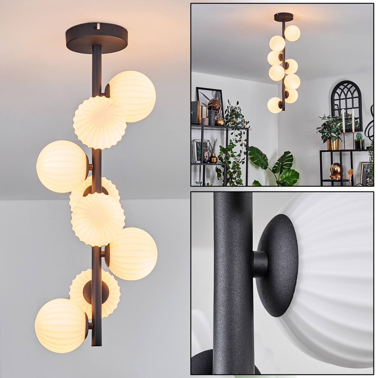 Eine moderne Deckenleuchte mit Kugel- und blütenförmigen Lichtern. Schwarzer Metallrahmen vor grauer Wand, Pflanzen und Regalen im Hintergrund.
