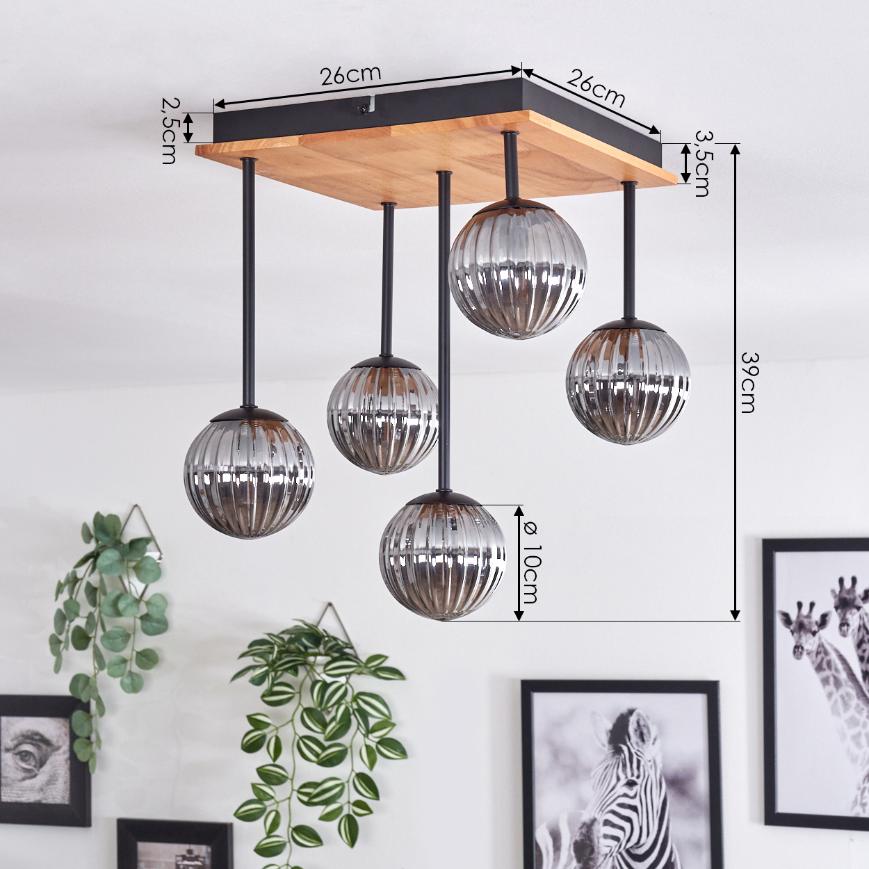 Eine Deckenleuchte mit fünf kugelförmigen Lampen. Die Lampen hängen an einer Holzplatte. Pflanzen und gerahmte Bilder an der Wand.