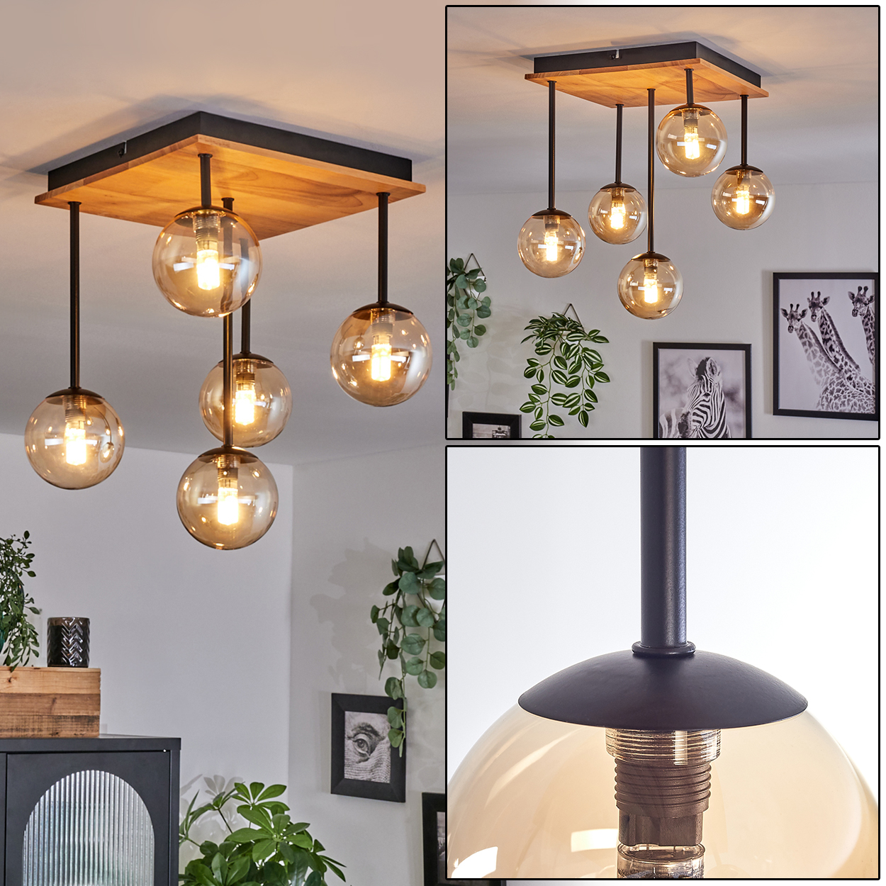 Eine Deckenleuchte mit Holz und schwarzem Metall. Es hat sechs bernsteinfarbene Glaskugelschirme und befindet sich in einem modernen Wohnzimmer.