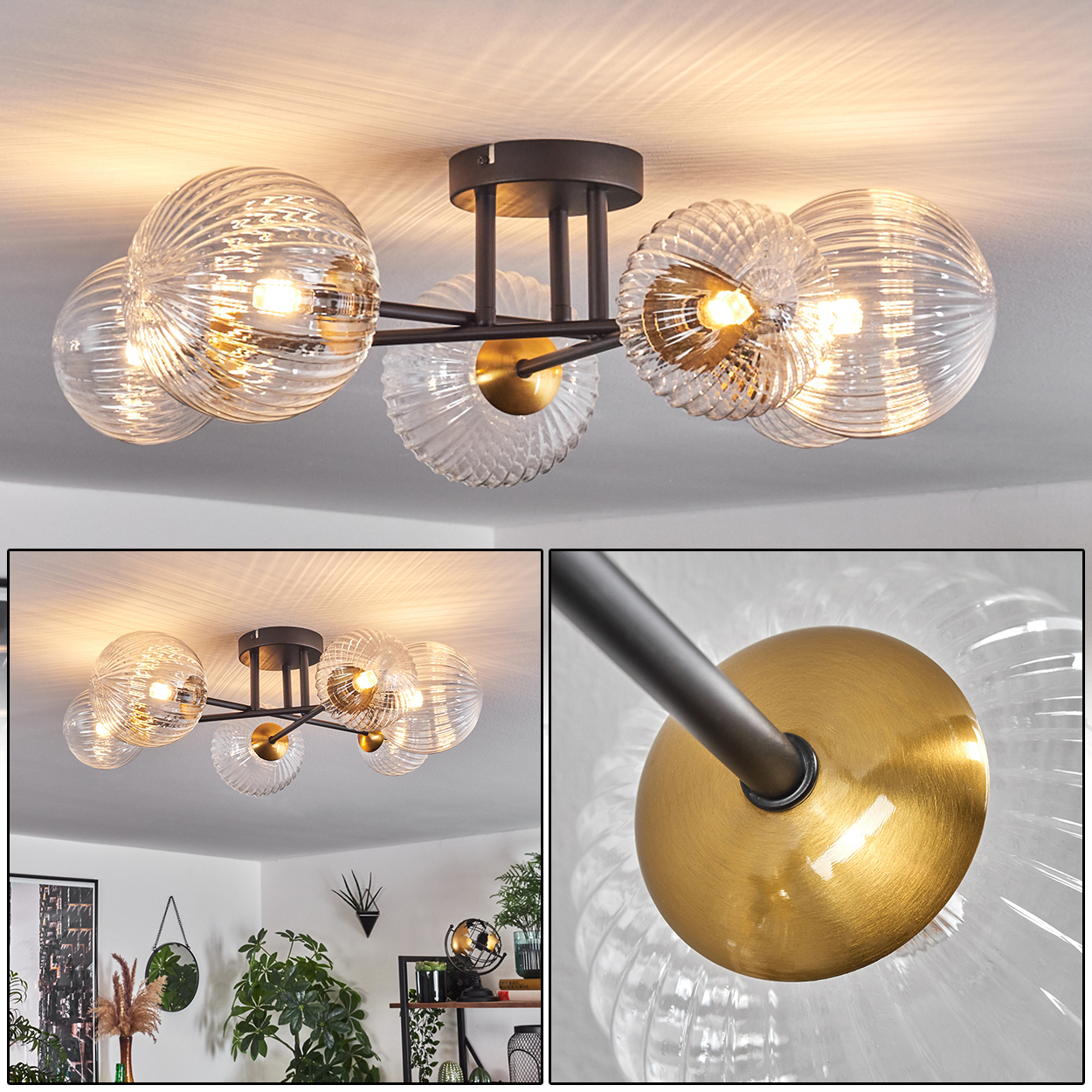 Eine Deckenlampe mit sechs Glaskugeln. Jede Kugel hat ein Spiraldesign und eine Glühbirne. Die Leuchte ist schwarz und goldfarben.
