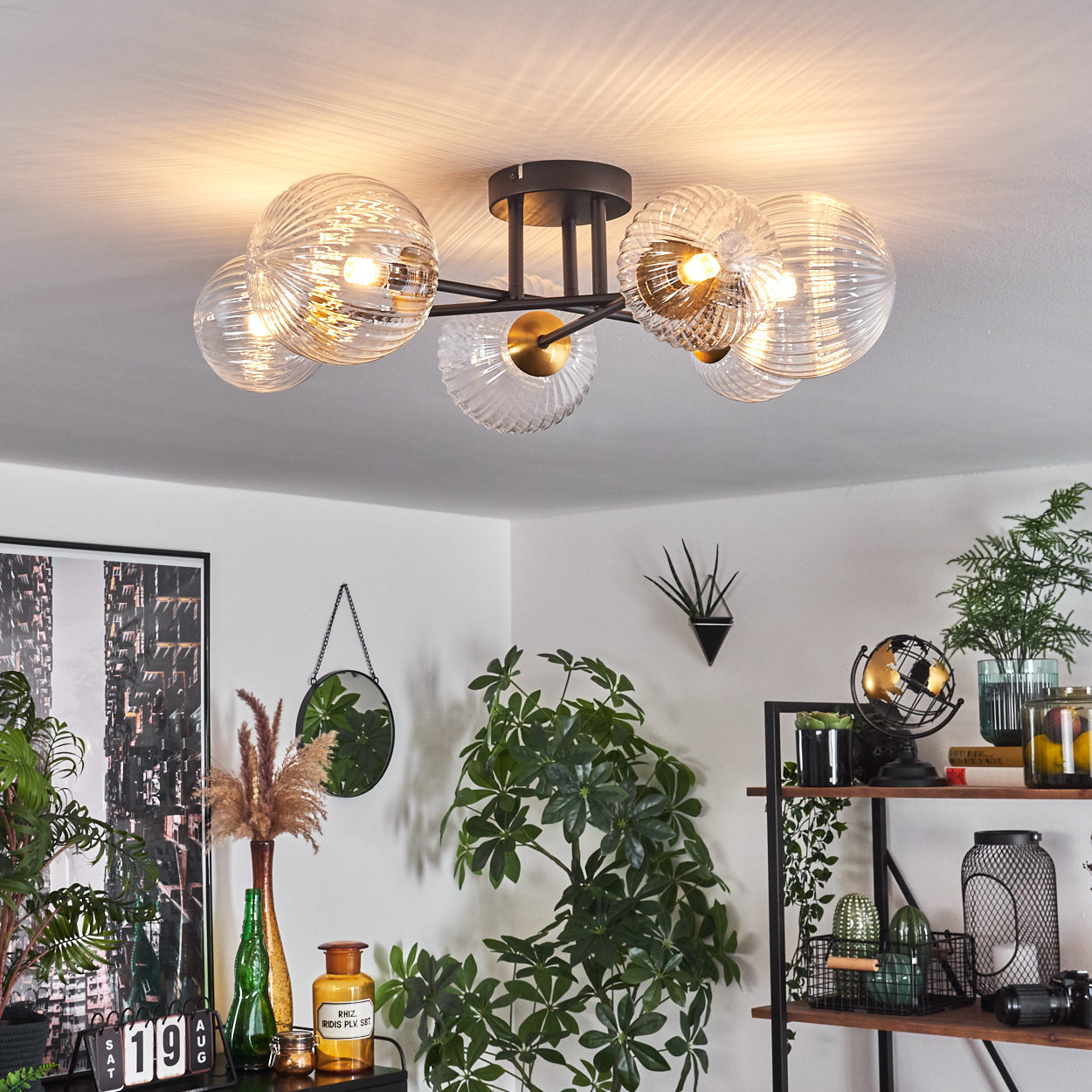 Moderne Deckenlampe mit Glaskugeln. Zimmer mit Pflanzen, Regalen und Dekor. Weiße Wände und ein schwarzer Rahmen mit Stadtansicht.