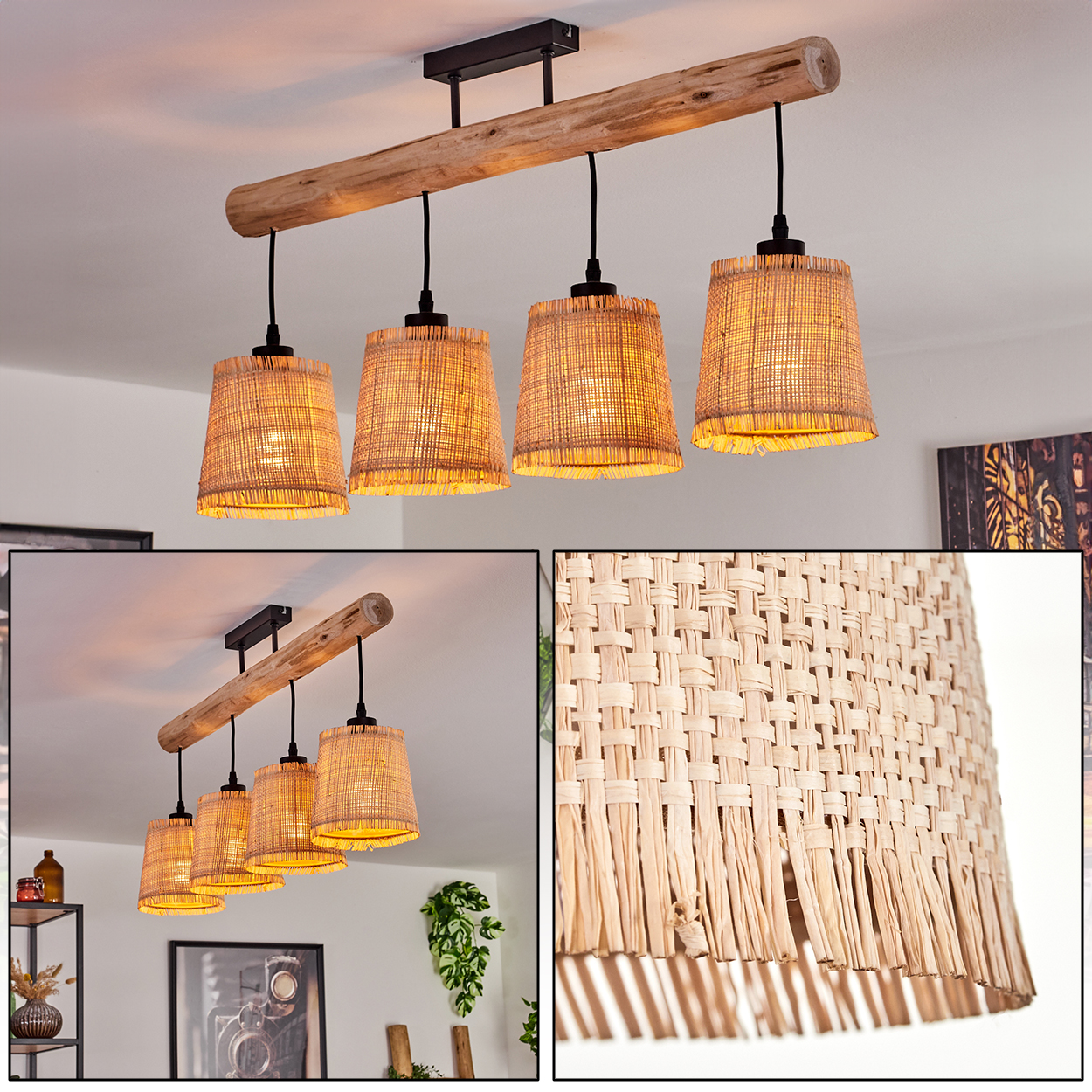 Eine Deckenleuchte mit vier gewebten Lampenschirmen hängt an einem Holzbalken. Das Licht gibt einen warmen Schein. Der Hintergrund ist eine weiße Decke.