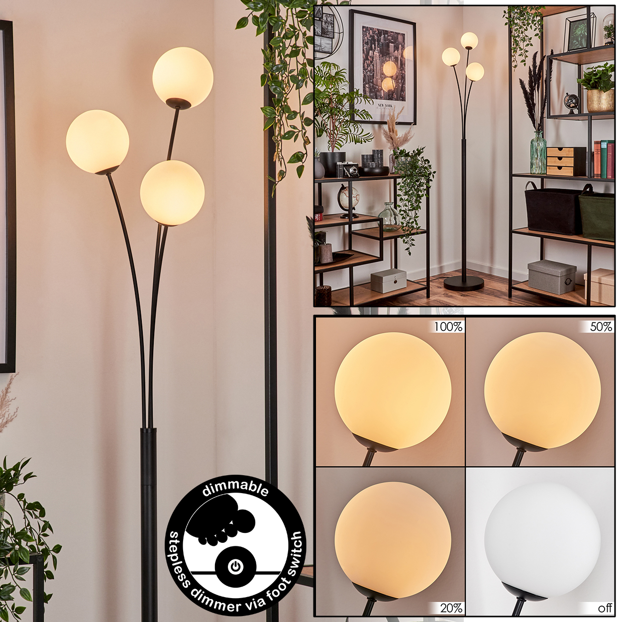 Eine Stehlampe mit Kugelleuchten. Sie hat dimmbare Optionen. Im Hintergrund sind Regale mit Pflanzen und einem Bild zu sehen.