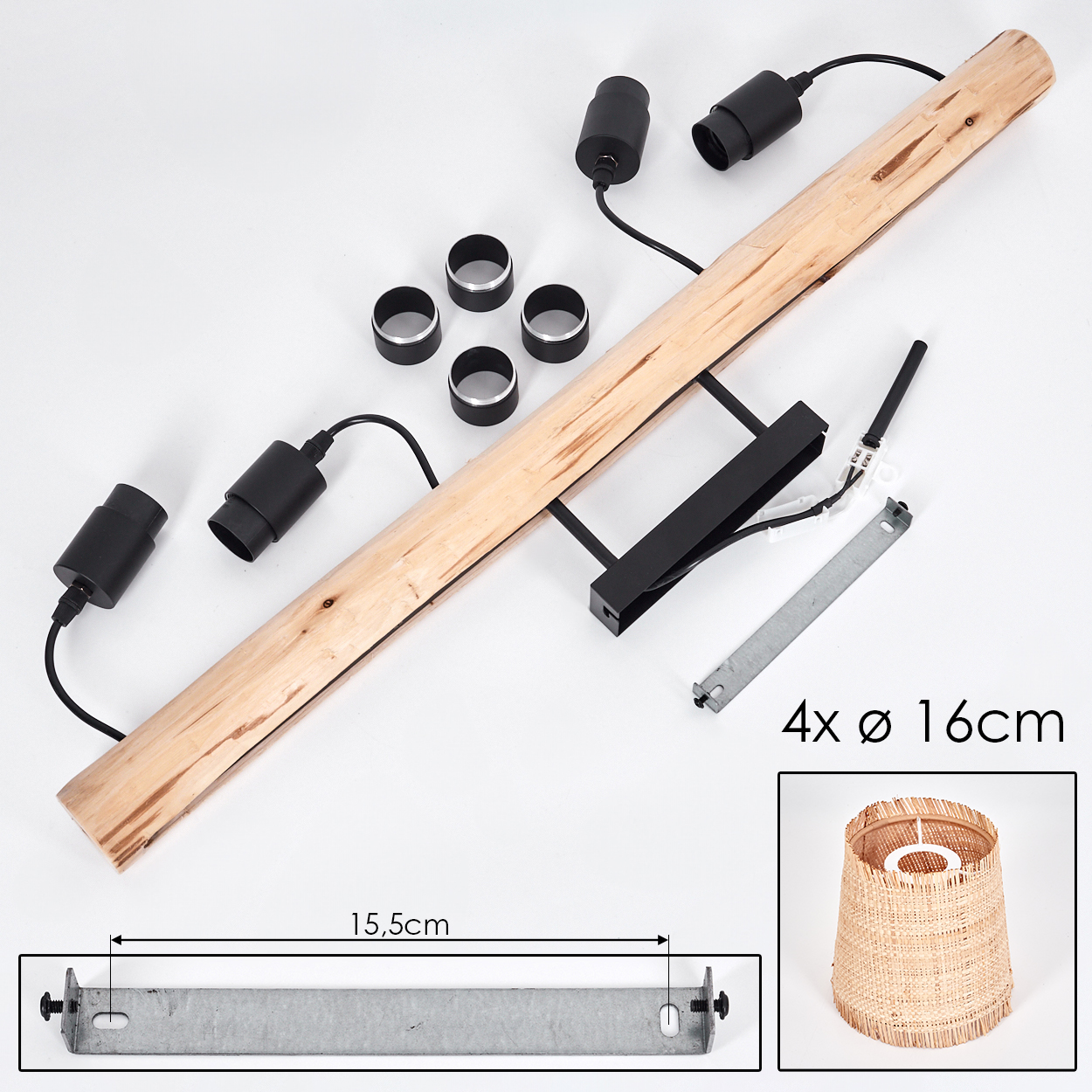 Komponenten für eine Lampe. Holzbalken, schwarze Lampenfassungen, Metallringe, ein Lampenschirm und Metallhalterungen auf weißem Untergrund.