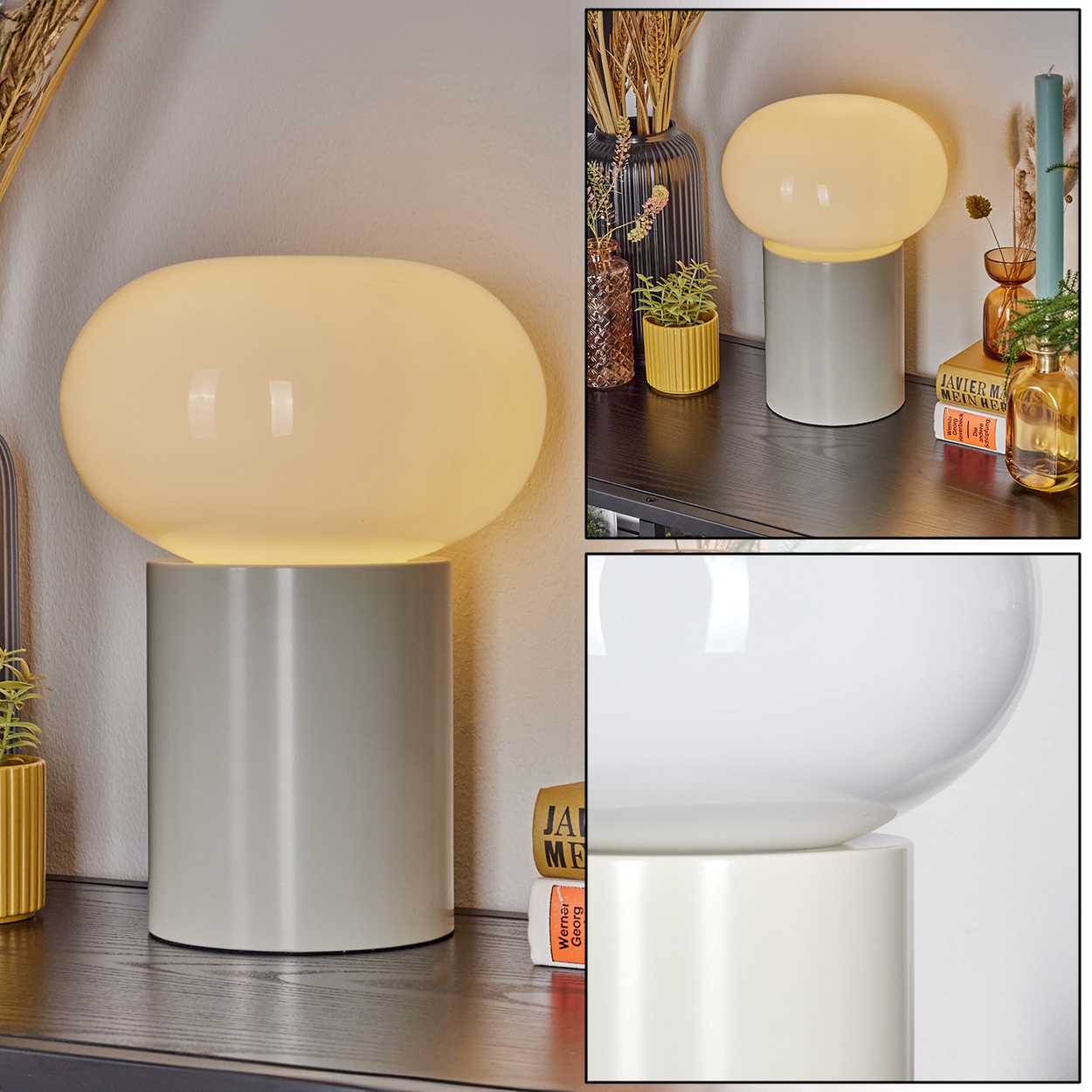 Eine pilzförmige Lampe mit hellgelbem Schirm auf grauem Sockel, platziert auf dunkler Oberfläche mit Büchern und Dekoration.