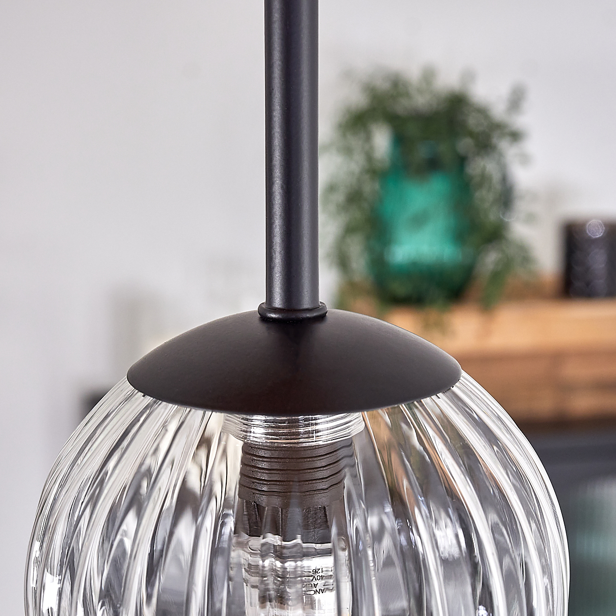 Nahaufnahme einer klaren, geriffelten Glas-Pendelleuchte mit schwarzer Metallkappe und -stiel. Hintergrund zeigt grüne Pflanze und Holzregal.