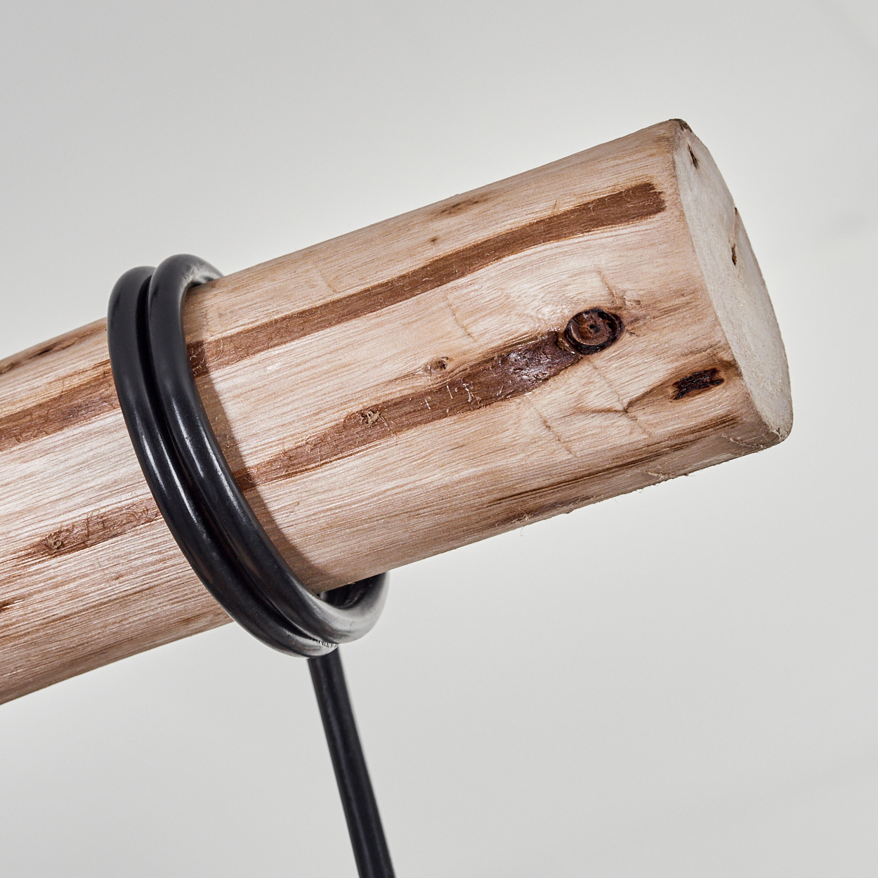 Ein Holzstamm mit sichtbarer Maserung wird von einem schwarzen, gebogenen Metalldraht vor einem weißen Hintergrund umwickelt.