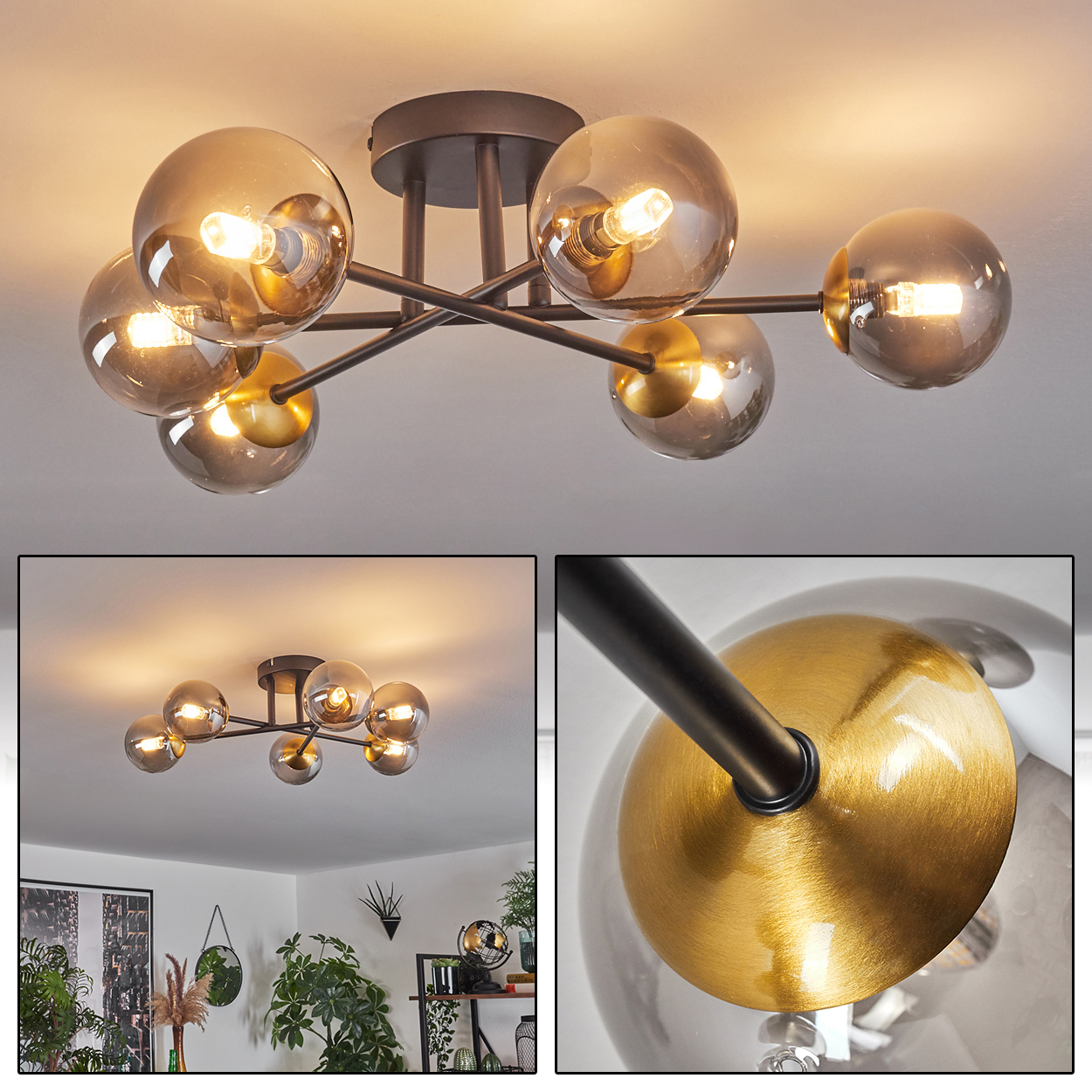 Eine moderne Deckenlampe mit sechs Glaskugeln. Die Kugeln sind rauchgrau und von innen beleuchtet. Das Gestell ist schwarz mit goldenen Akzenten.