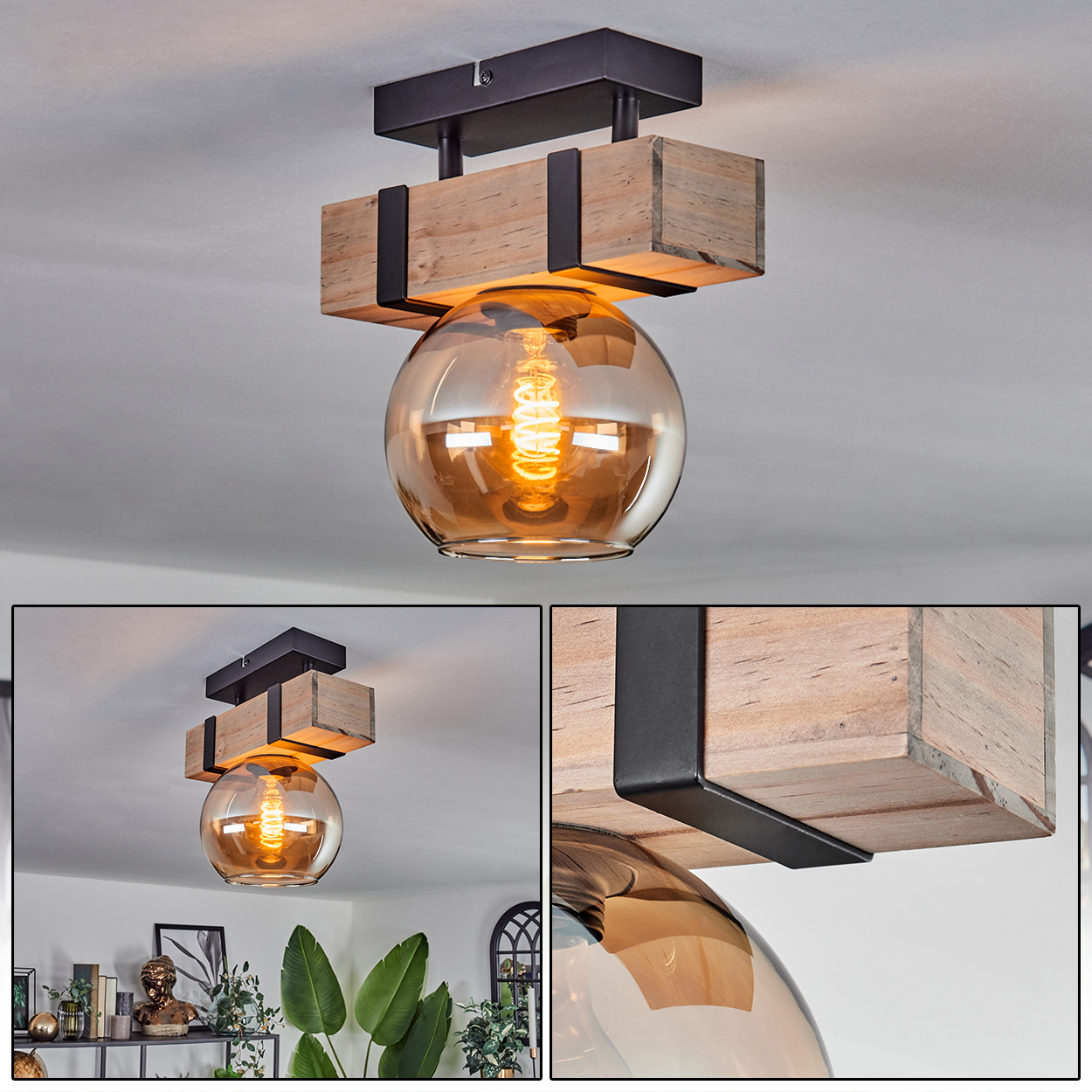 Eine Deckenleuchte mit Holzrahmen und Glaskugel. Das Licht ist warm, der Hintergrund ist eine weiße Decke.