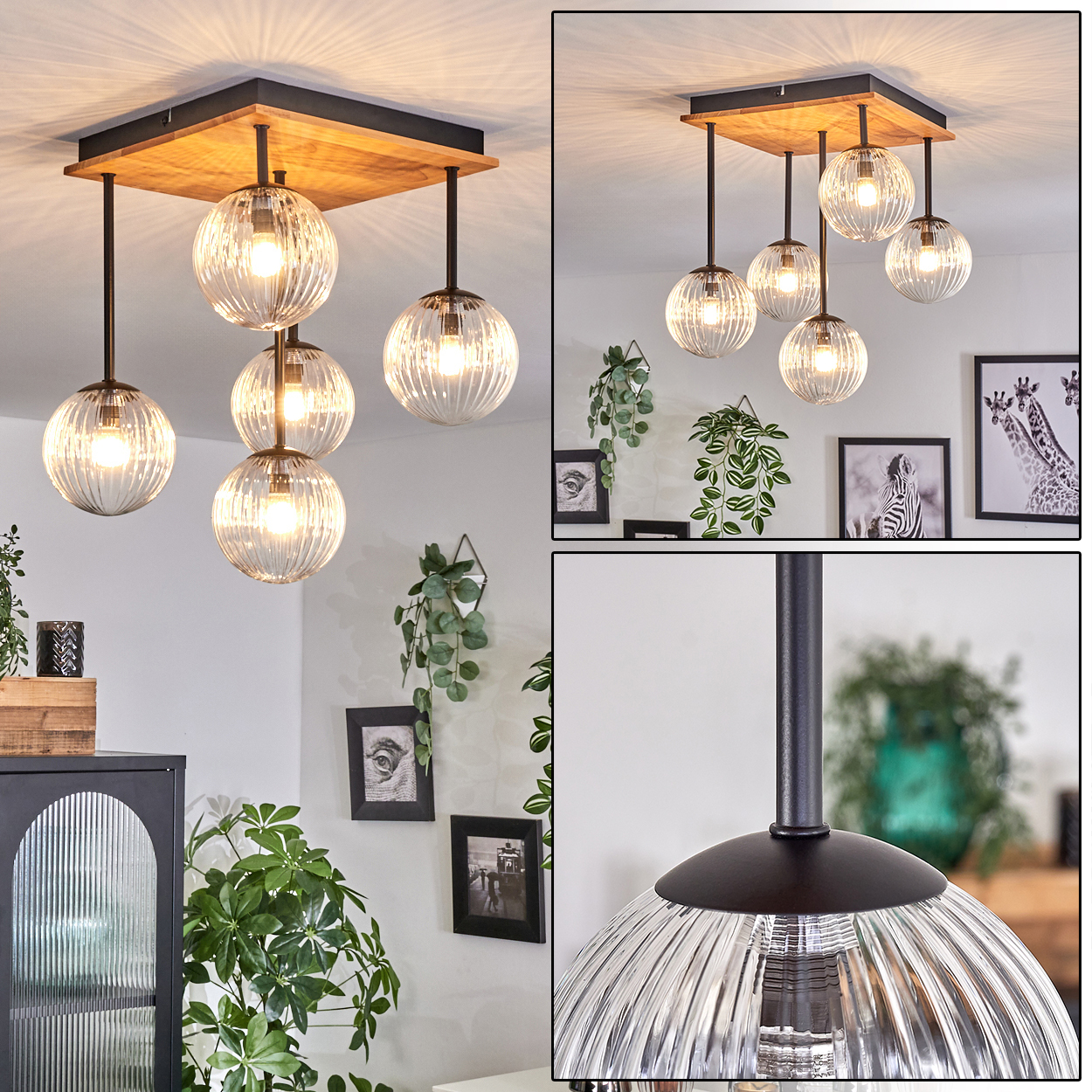Eine moderne Deckenlampe mit fünf Glaskugel-Schirmen hängt. Die Decke hat Holz- und dunkle Metallelemente, mit Pflanzen und Fotos.