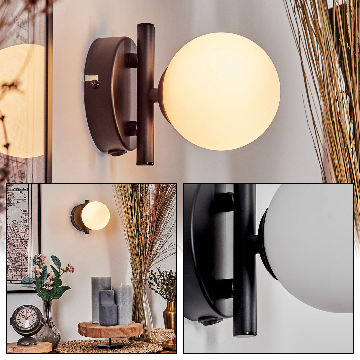 Eine Wandleuchte mit rundem, weißem Schirm und dunklem, braunem Metallrahmen. Die Lampe befindet sich an einer hellen Wand.