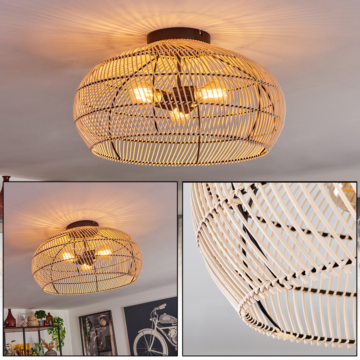 Eine Deckenlampe aus geflochtenem Rattan mit drei Glühbirnen. Die Lampe wirft Licht nach unten. Der Hintergrund zeigt eine weiße Decke.