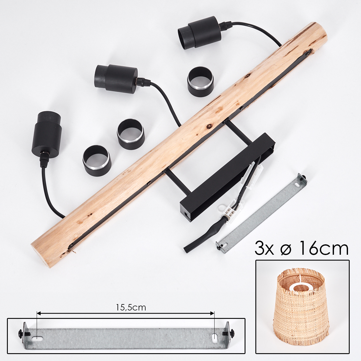 Komponenten einer Lampe, darunter ein Holzbalken, schwarze Fassungen, Metallringe, ein Lampenschirm und eine Metallhalterung. Text: 3x Ø 16cm.