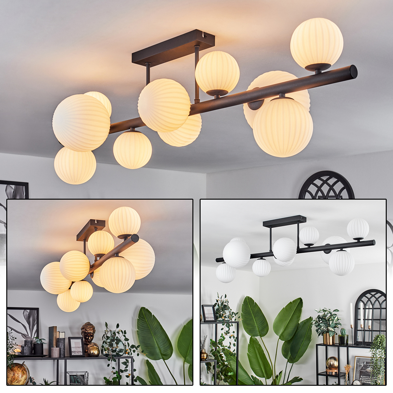 Eine moderne Deckenlampe mit mehreren kugelförmigen Lichtern. Die Leuchte ist schwarz. Die Kugeln sind weiß und gerippt. Der Hintergrund ist ein Raum.