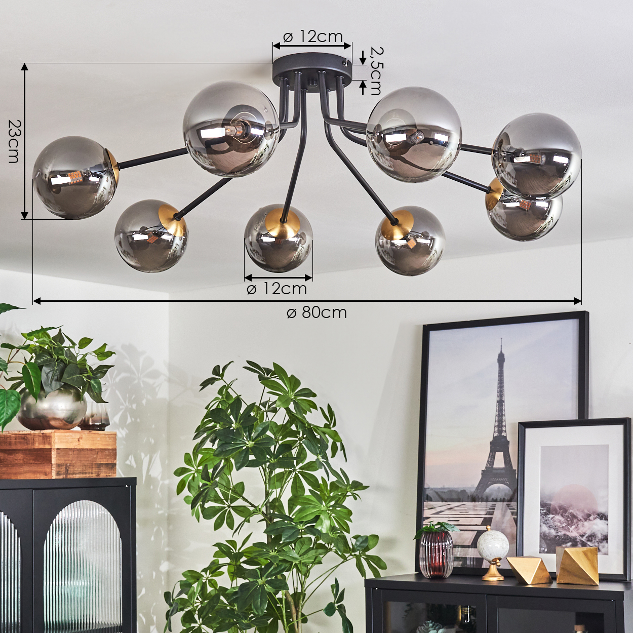 Deckenlampe mit Glaskugeln. Darunter Pflanzen, ein schwarzer Schrank und gerahmte Bilder, darunter der Eiffelturm.