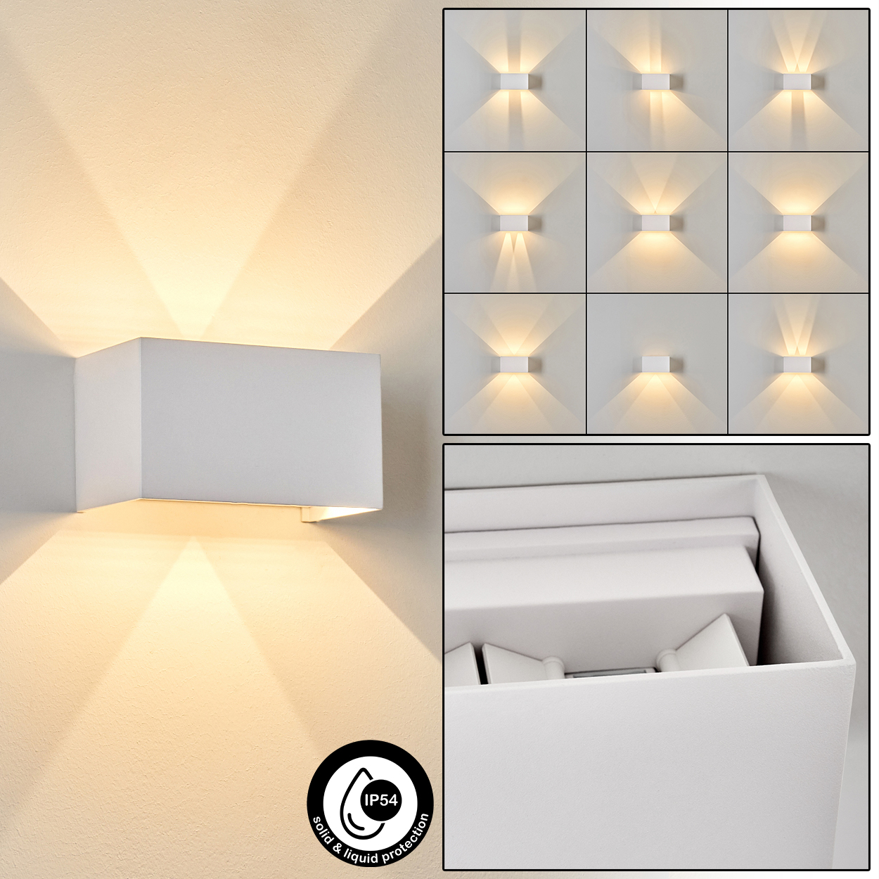 Weiße Wandleuchte, die Licht auf eine beige Wand wirft. Neun kleinere Lampen zeigen verschiedene Lichtmuster. Detail der Lampe innen.