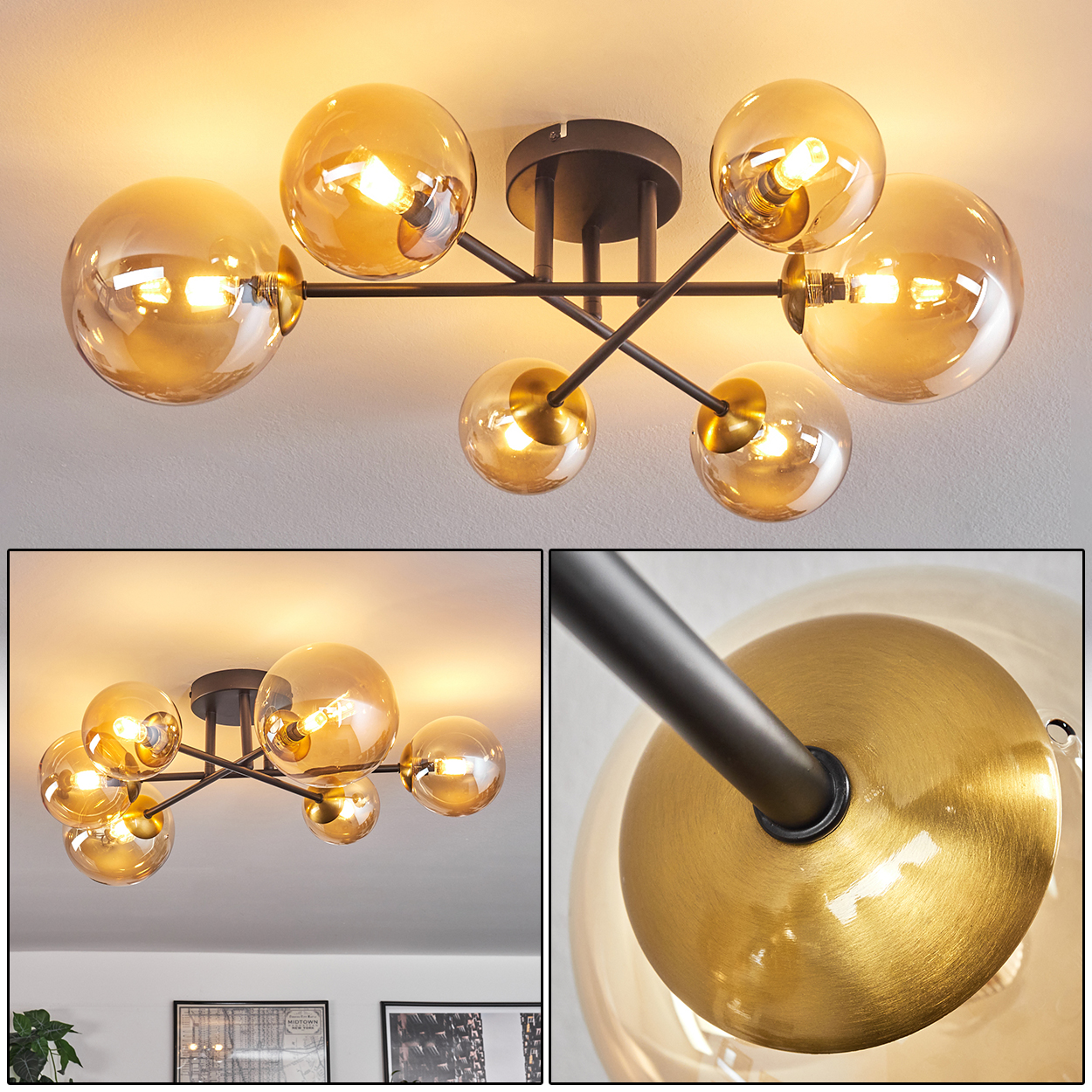 Eine moderne Deckenleuchte mit sieben bernsteinfarbenen Glaskugeln. Die Leuchte hat einen schwarzen Metallrahmen und ist an einer weißen Decke befestigt.