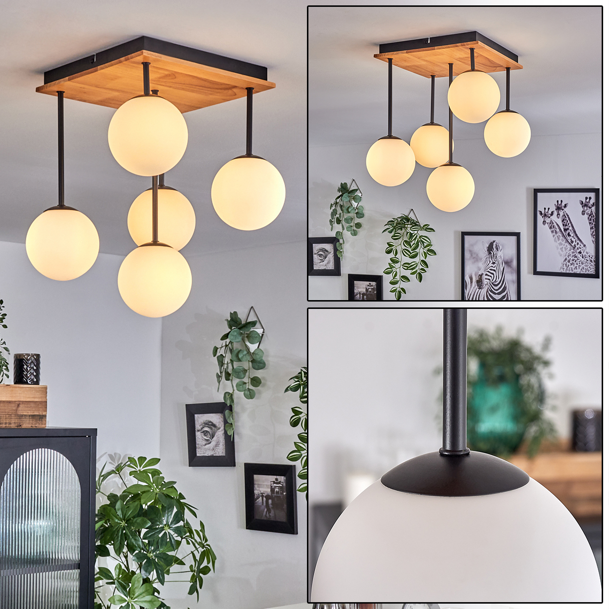 Eine moderne Deckenleuchte mit fünf kugelförmigen Lichtern. Holzaufsatz, schwarze Stäbe und weiße Kugeln, mit Pflanzen und Bildern im Hintergrund.