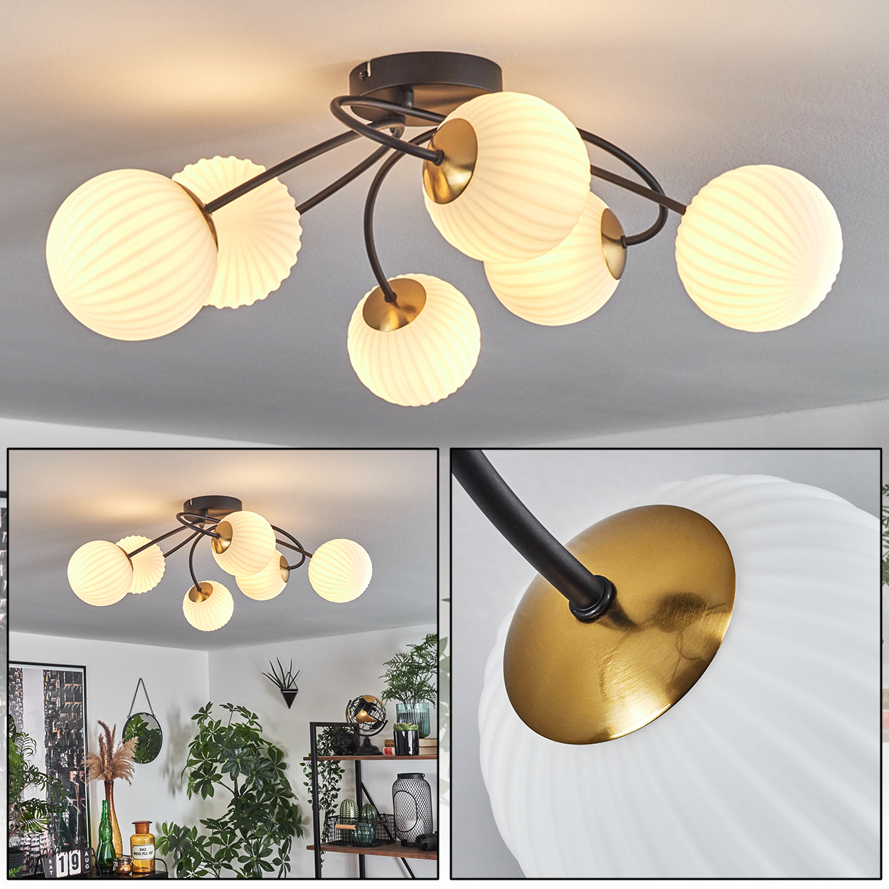 Moderne Deckenleuchte mit sechs kugelförmigen, geriffelten Glasschirmen. Schwarze Metallarme und goldene Akzente. Der Hintergrund zeigt ein Wohnzimmer.