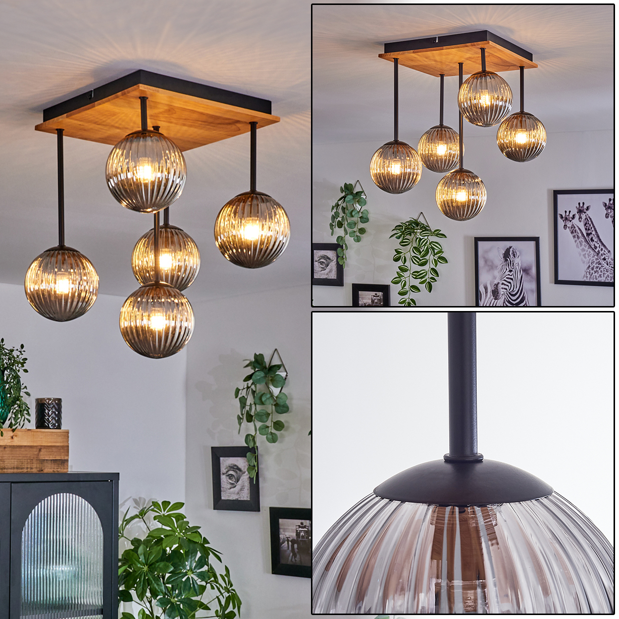 Eine moderne Deckenleuchte mit mehreren kugelförmigen Lampen. Die Lampen sind klar und hängen an einer Holzhalterung.