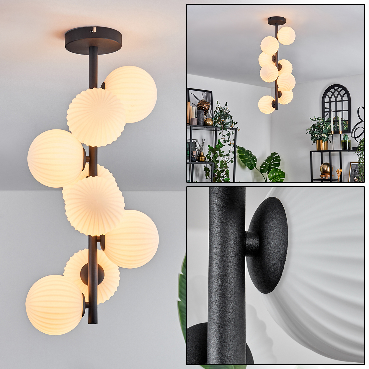 Eine moderne Deckenleuchte mit weißen Kugel- und scheibenförmigen Lichtern. Sie ist schwarz und hängt von der Decke. Der Hintergrund zeigt einen Raum.