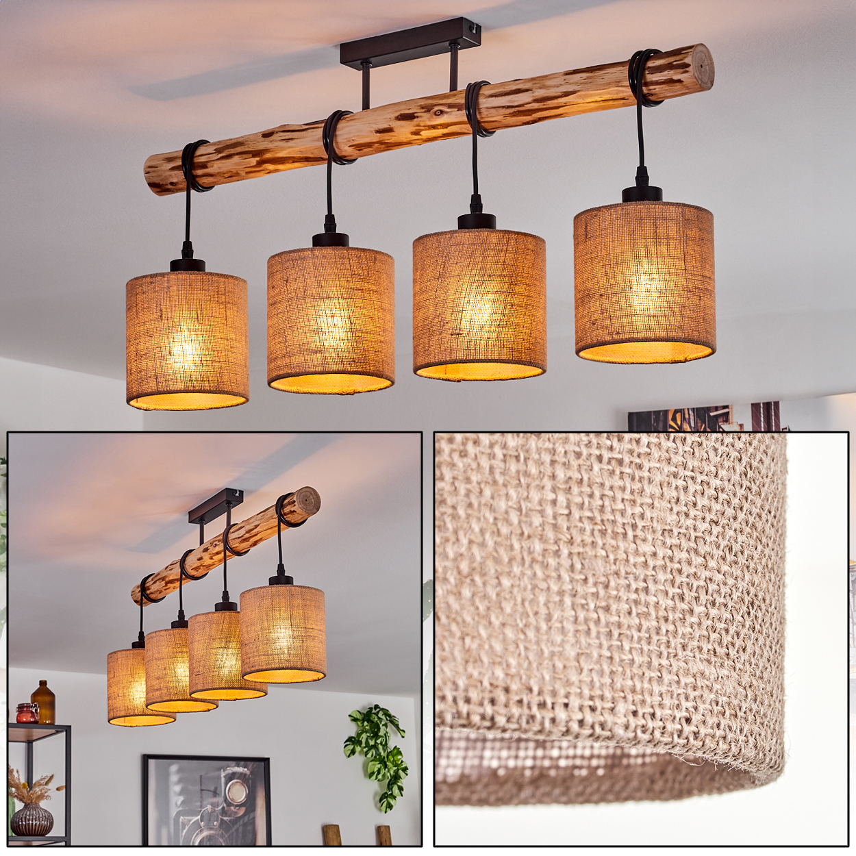 Ein Holzbalken mit vier Hängelampen. Jede Lampe hat einen zylindrischen, sackartigen Schirm. Der Hintergrund ist eine weiße Decke.