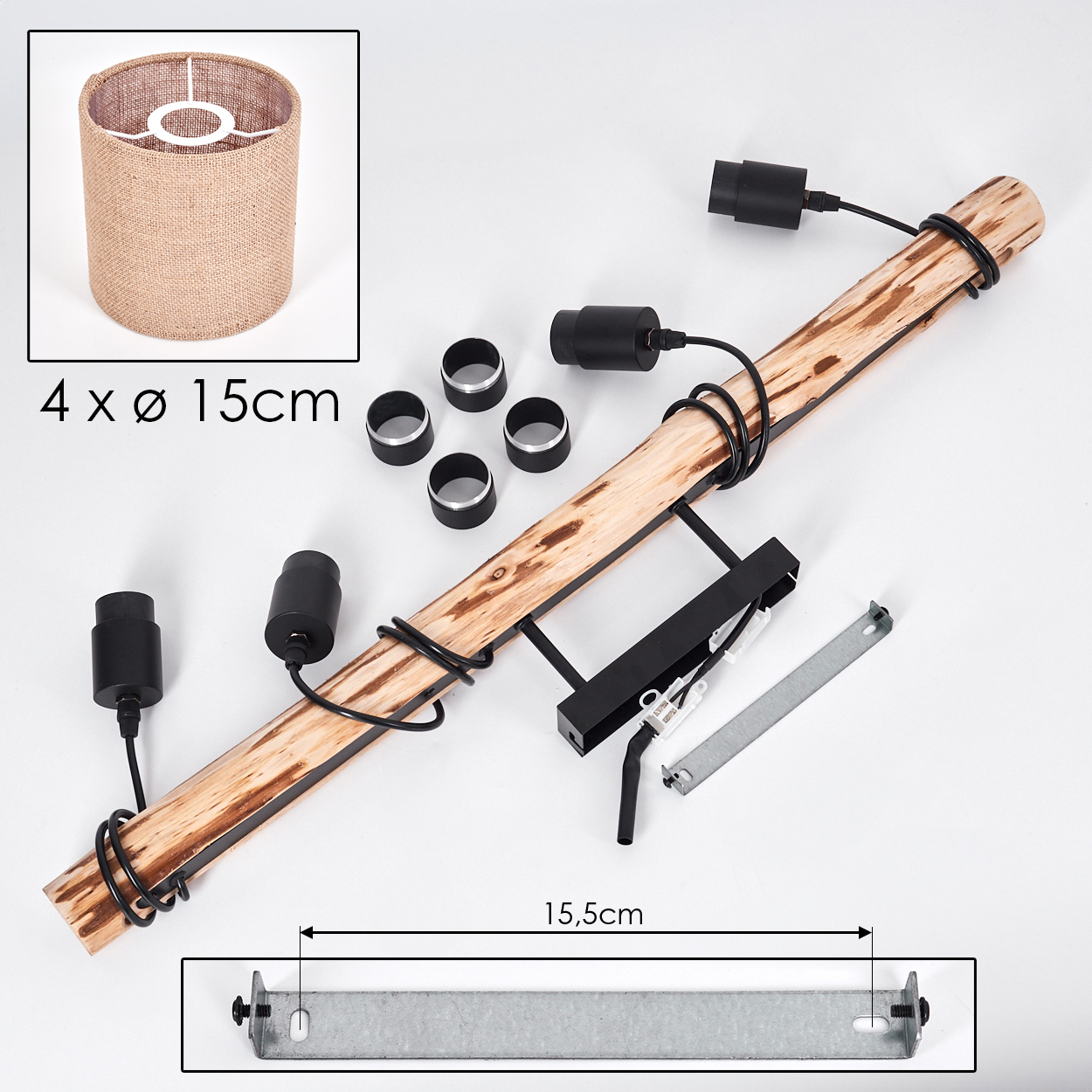 Eine Deckenleuchte in Teilen. Enthält einen Holzbalken mit schwarzen elektrischen Komponenten, einen Lampenschirm, Ringe und eine Metallhalterung.