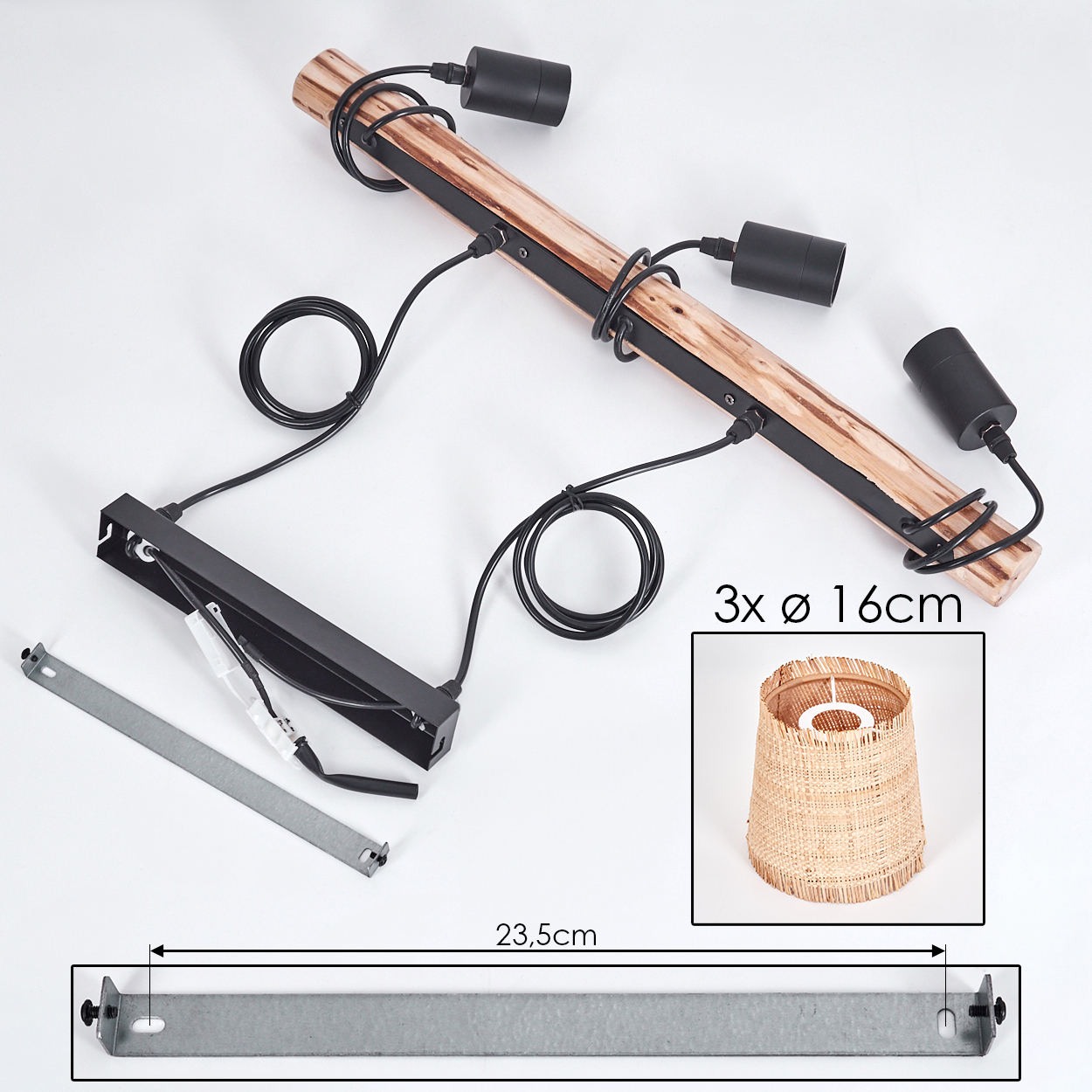 Holzbalkenlampe mit drei schwarzen Lampenfassungen und schwarzer Metallstruktur. Ein kleiner Lampenschirm wird gezeigt. Graue Montageleiste.