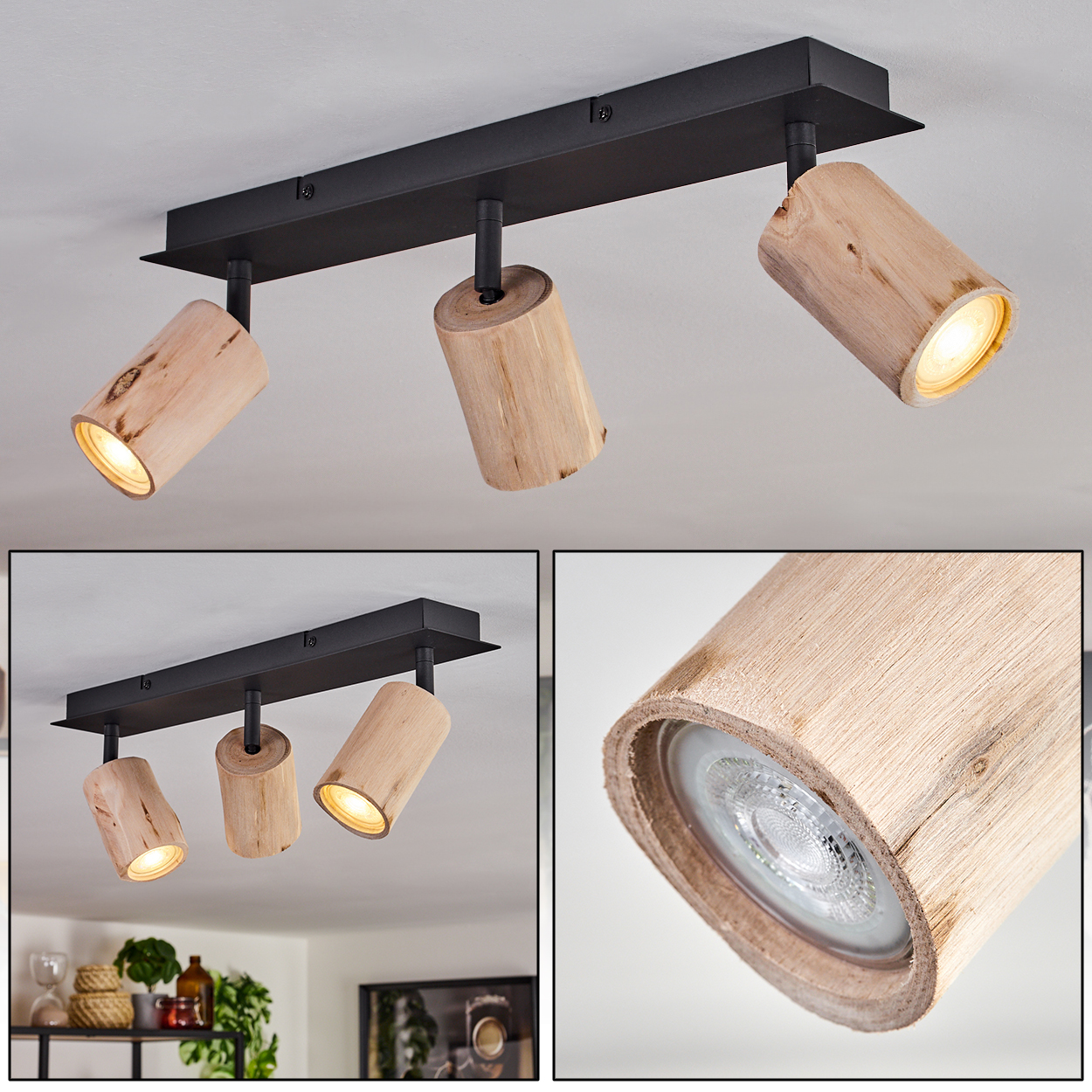Deckenleuchte mit drei Holzlampen. Die Lampen sind zylindrisch und geben warmes Licht ab. Die Leuchte ist schwarz.