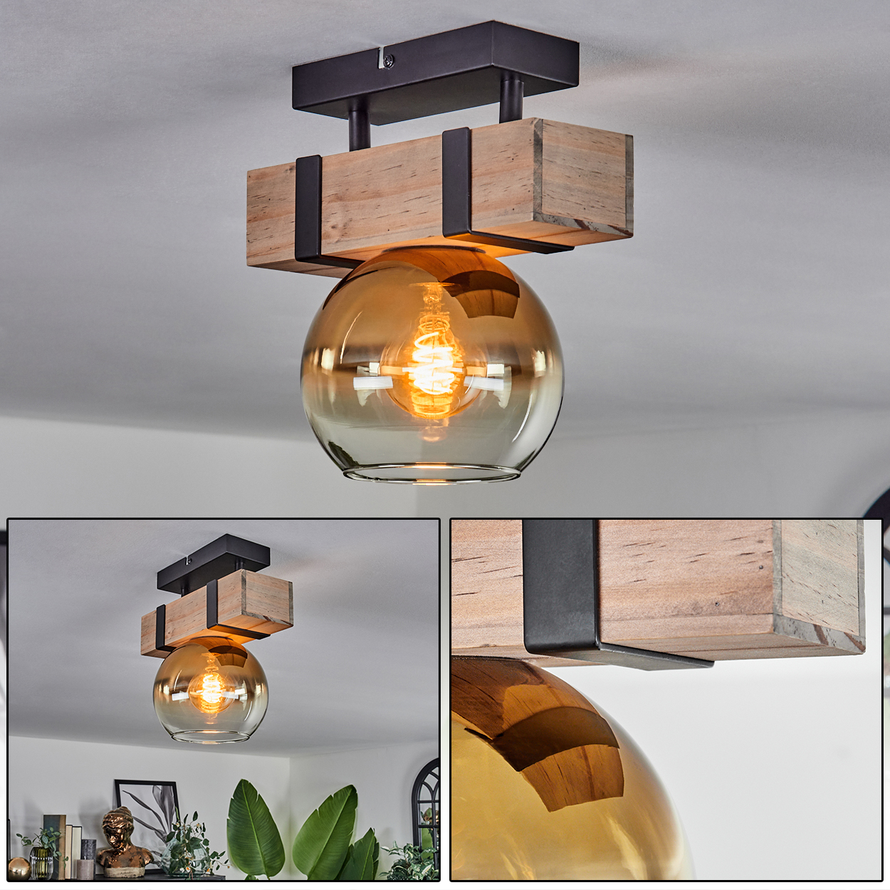 Deckenleuchte mit Holzbalken-Design, kugelförmigem bernsteinfarbenem Glasschirm und sichtbarer Glühbirne.