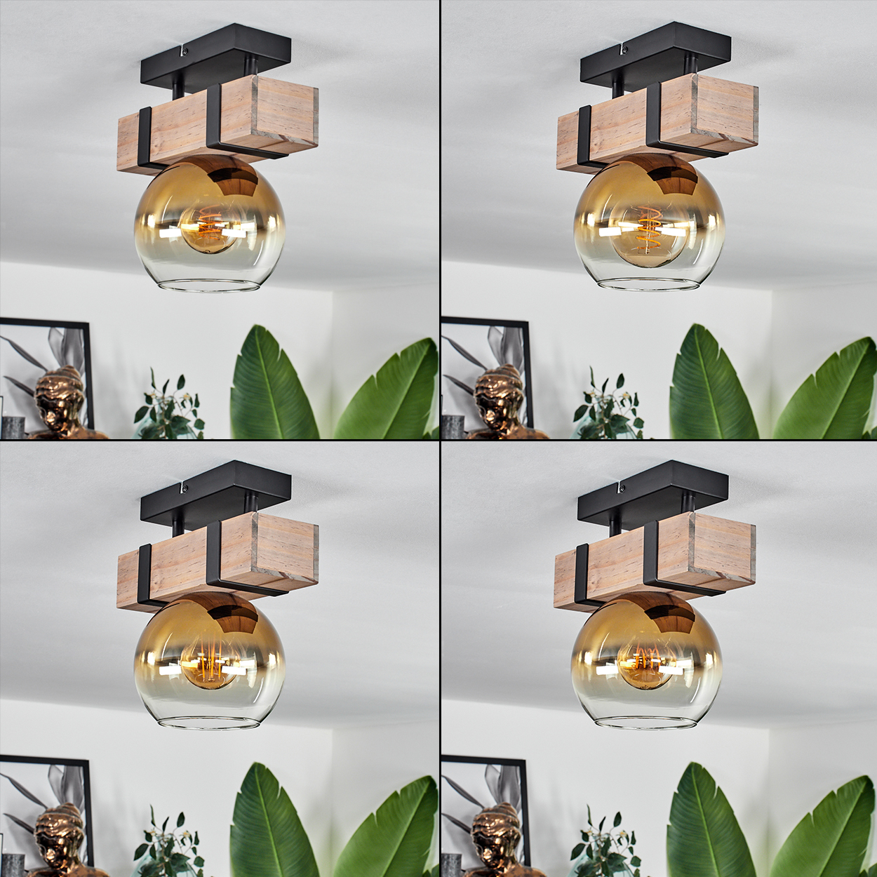 Eine Deckenlampe mit Holzbalken und einem kugelförmigen, bernsteinfarbenen Glasschirm. Im Hintergrund grüne Blätter und eine Kupferbüste.