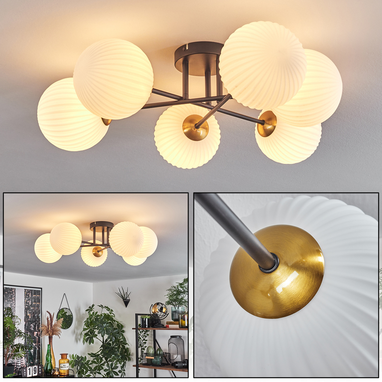 Eine Deckenleuchte mit sechs weißen, kugelförmigen Lampen. Die Leuchte ist an einem dunklen Metallrahmen an einer weißen Decke befestigt.