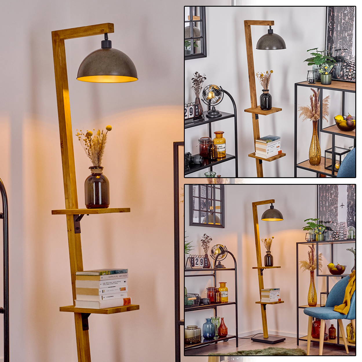 Holz-Stehlampe mit Regalen, die eine Vase mit getrockneten Blumen, Bücher und eine Lampe hält. Andere Möbel im Hintergrund.