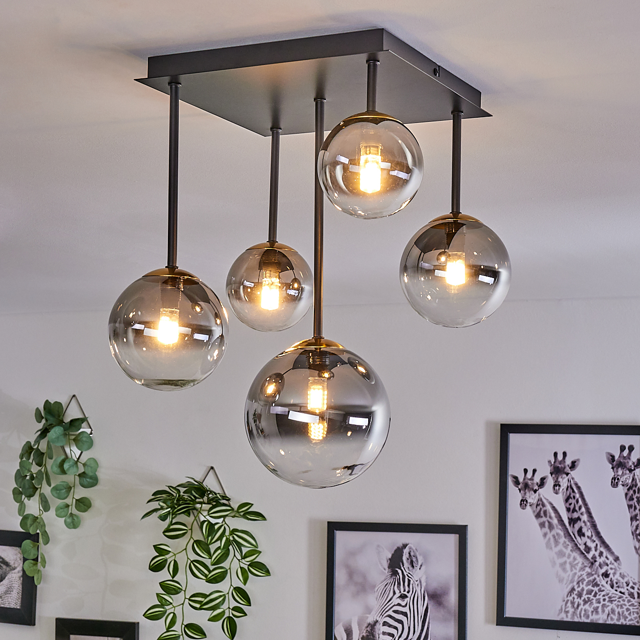 Eine Deckenleuchte mit fünf kugelförmigen Glasbirnen, die von einer quadratischen, dunklen Metallbasis hängen. Hintergrund zeigt gerahmte Kunst und Pflanzen.
