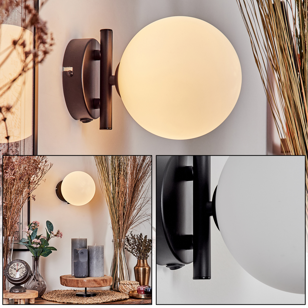Eine moderne Wandlampe mit einem runden, weißen Globus. Sie ist an einer dunklen Metallhalterung befestigt. Getrocknete Pflanzen und Dekoration umgeben die Lampe.