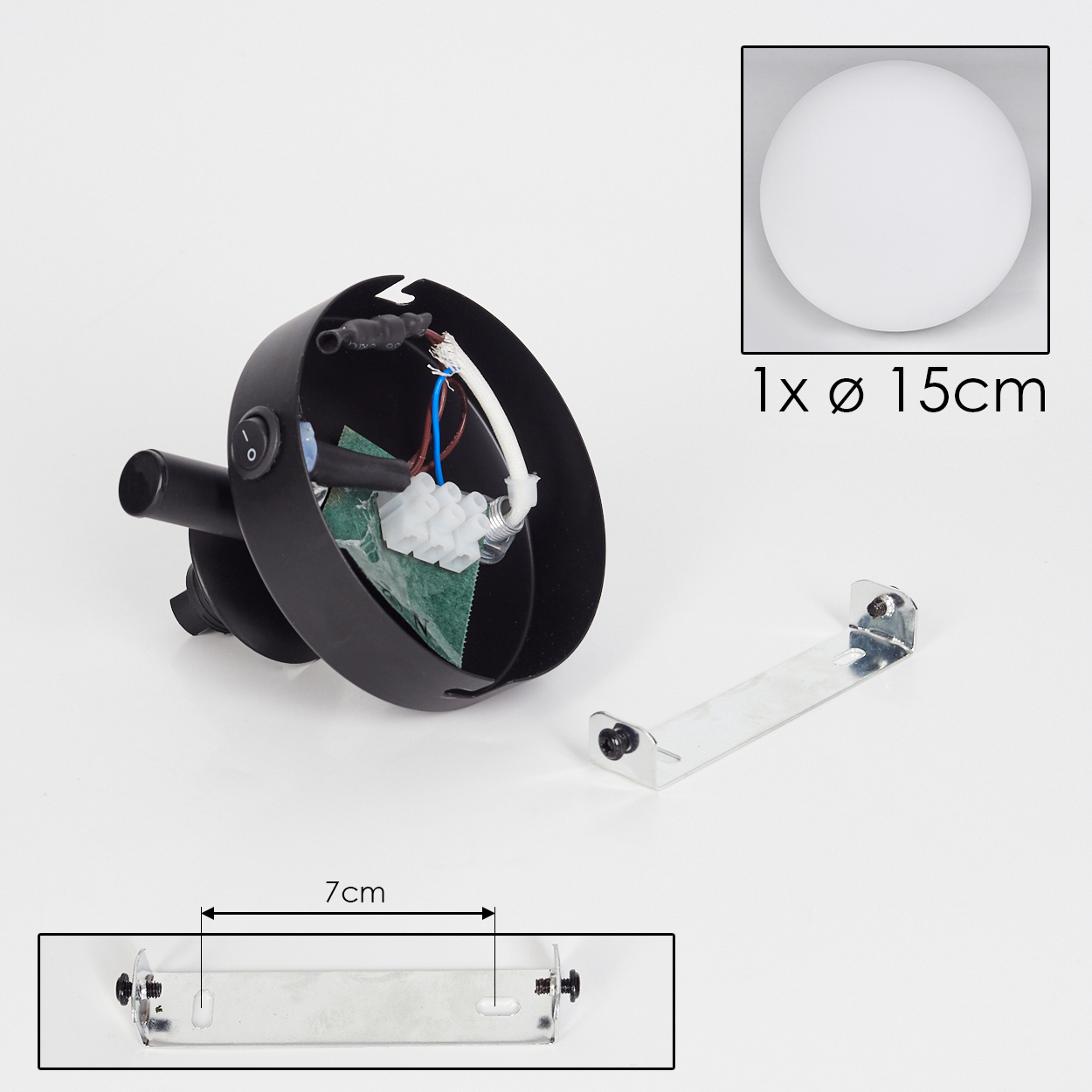 Eine zerlegte schwarze Lampe mit Drähten, Halterung und Glühbirne. Abmessungen sind für Glühbirne und Halterung angegeben.