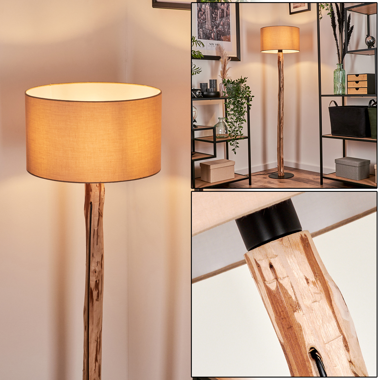Eine Stehlampe mit einem Holzstamm. Der Lampenschirm ist beige. Das Zimmer hat Regale mit Dekorationen.