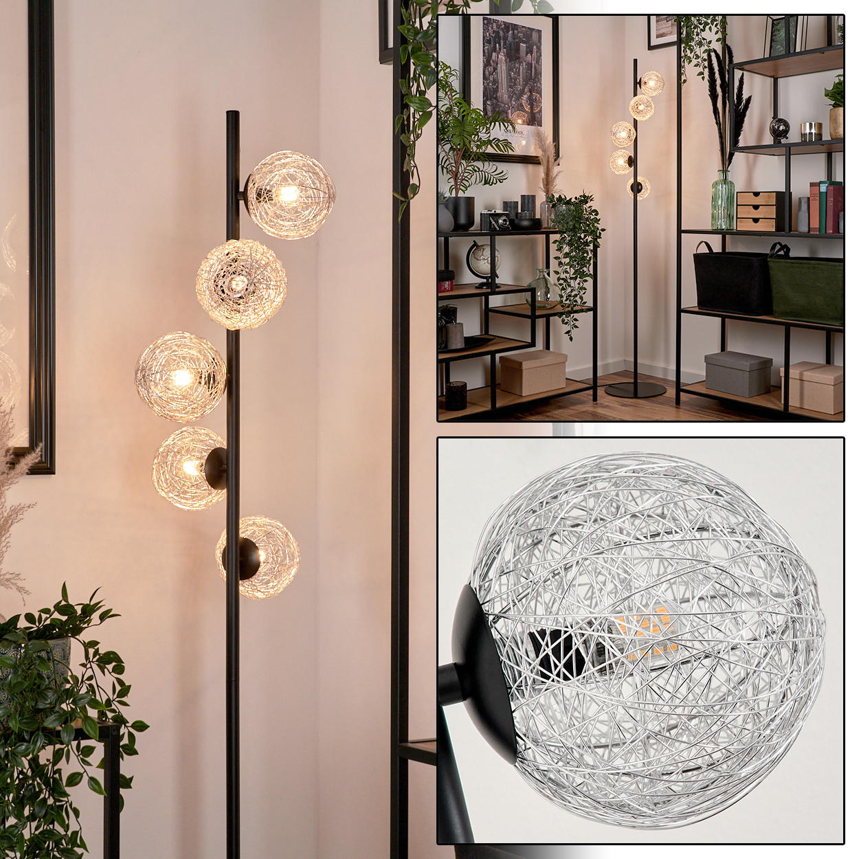 Eine schwarze Stehlampe mit fünf kugelförmigen Lichtern. Im Hintergrund Regale mit Dekoration und Pflanzen.