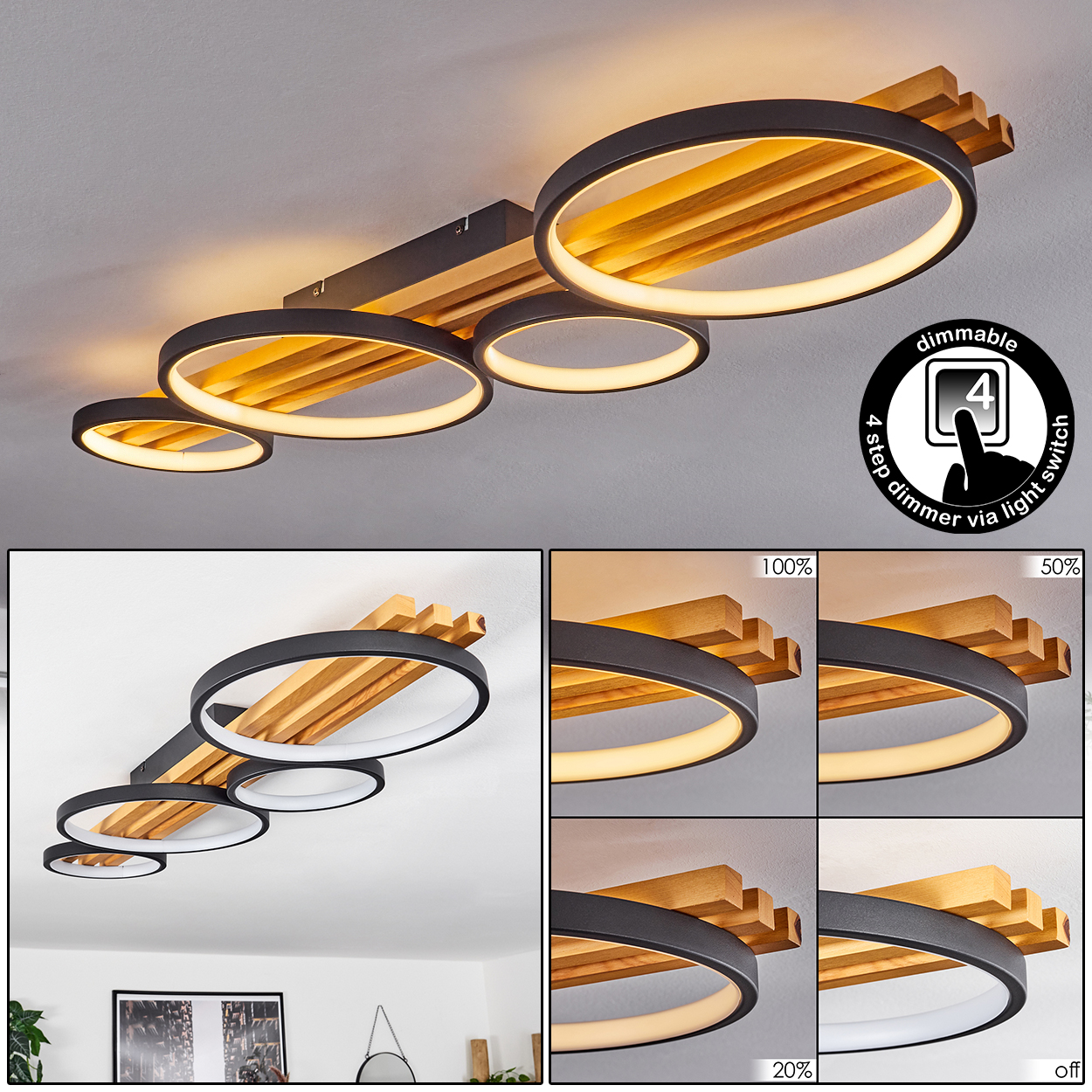 Moderne Deckenleuchte mit schwarzen Ringen, Holzlatten und Dimmoptionen. Enthält Bilder von Dimmstufen.