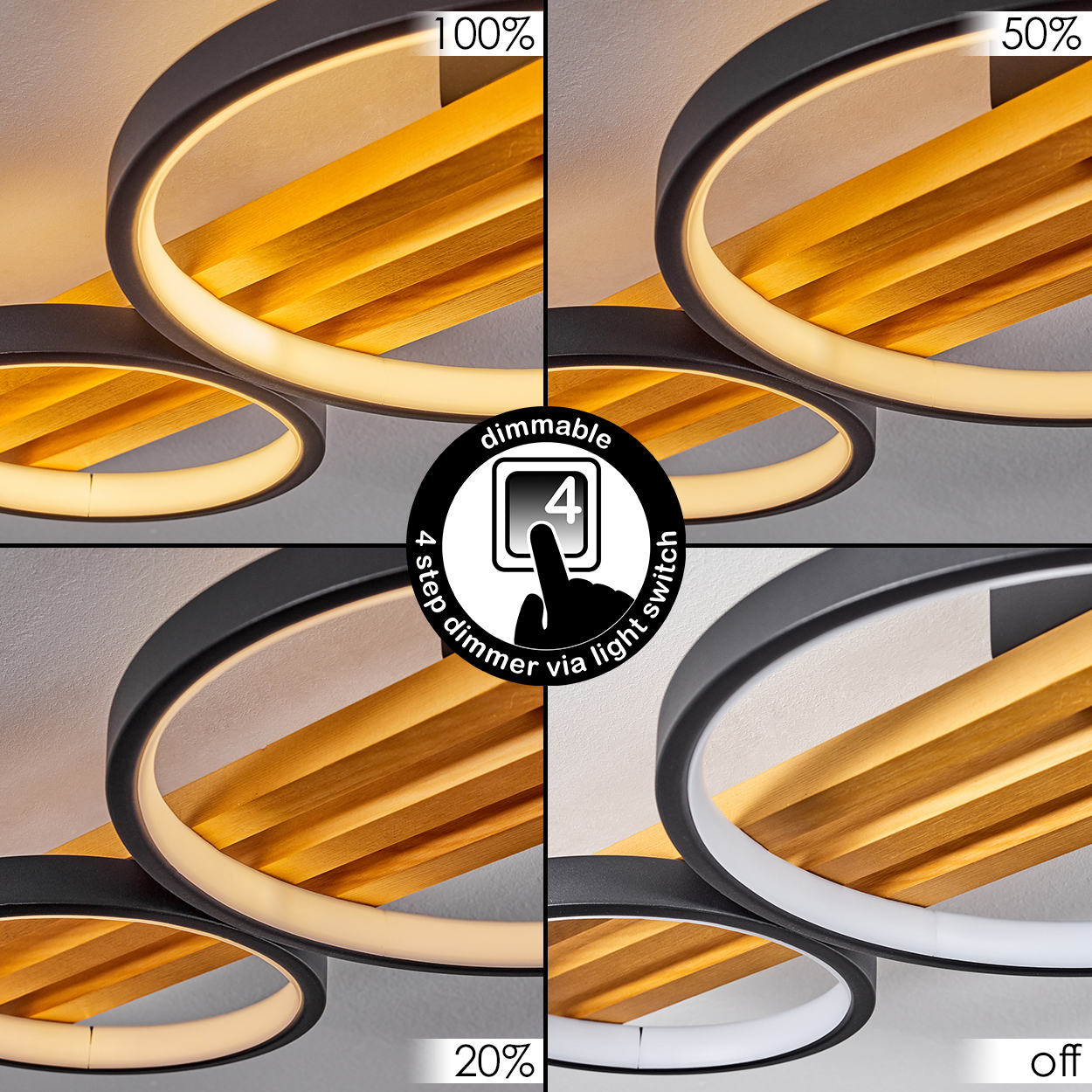 Vierteilige dimmbare Deckenleuchte. Schwarze Ringe mit Holzakzenten. Zeigt verschiedene Lichtstärken, von 100 % bis aus, und Dimm-Symbol.