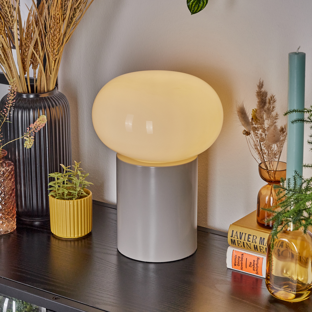 Eine Pilzlampe auf grauem Sockel. Vasen, Pflanzen und Bücher sind darum herum. Der Hintergrund ist eine weiße Wand.