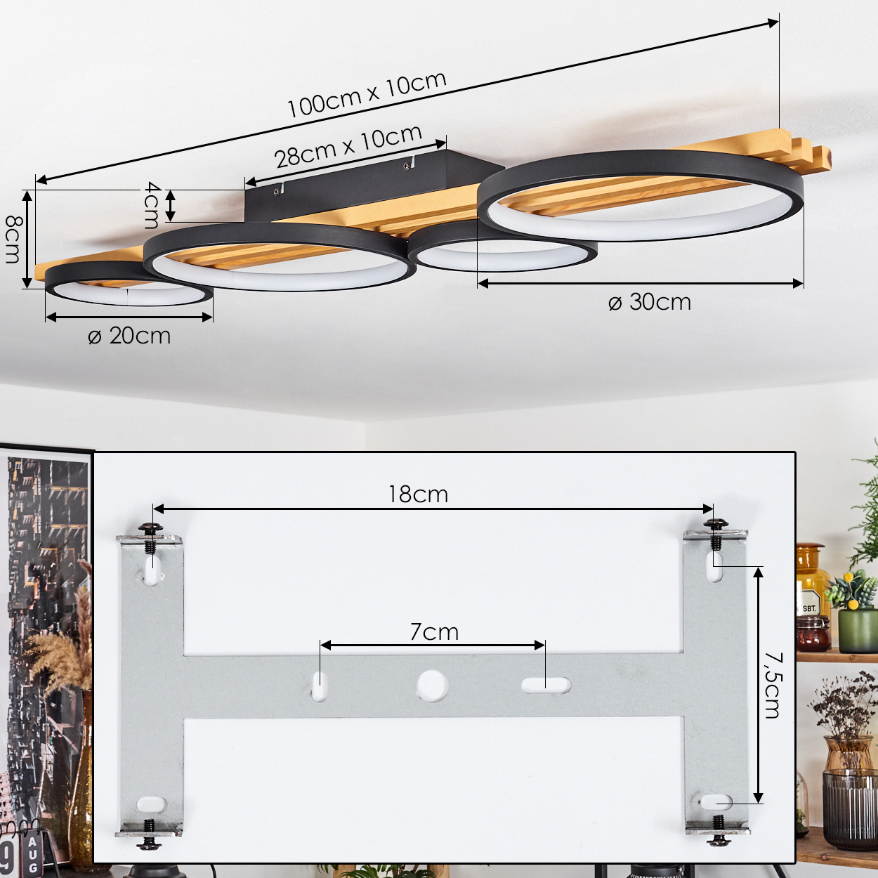 Deckenleuchte mit vier kreisförmigen Lichtern, Abmessungen beschriftet. Montagehalterung an weißer Wand, mit Maßen. Hintergrundregale.
