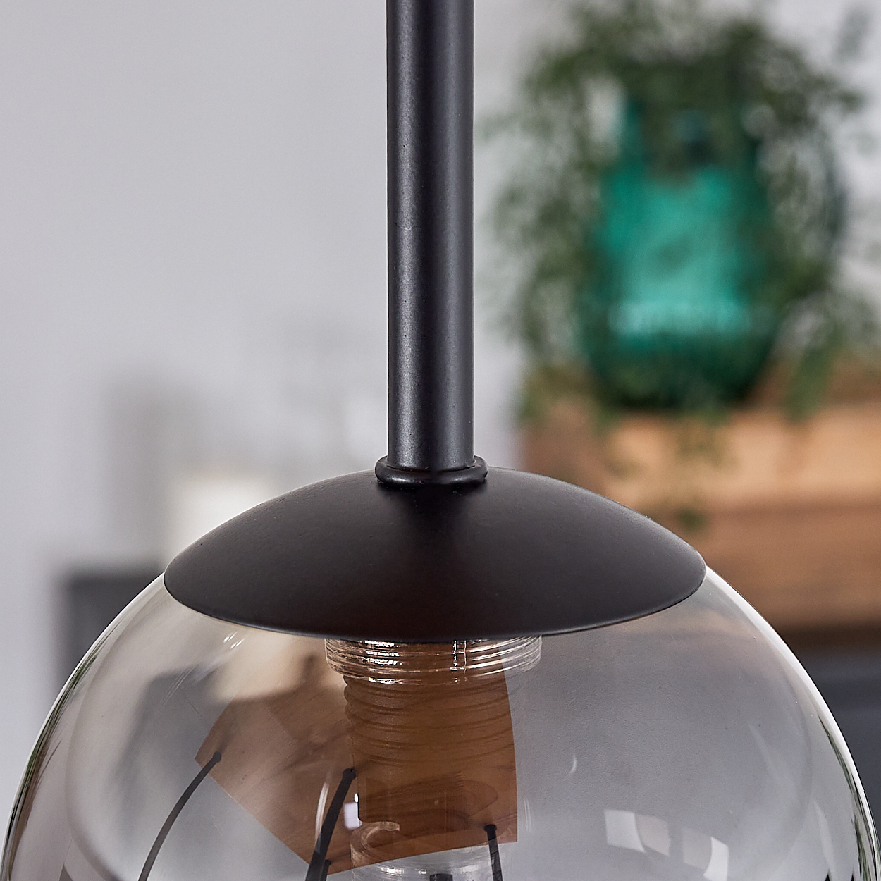 Eine schwarze Pendelleuchte mit rauchfarbenem Glasschirm. Dahinter sind verschwommene Pflanzen und eine Holzkiste.