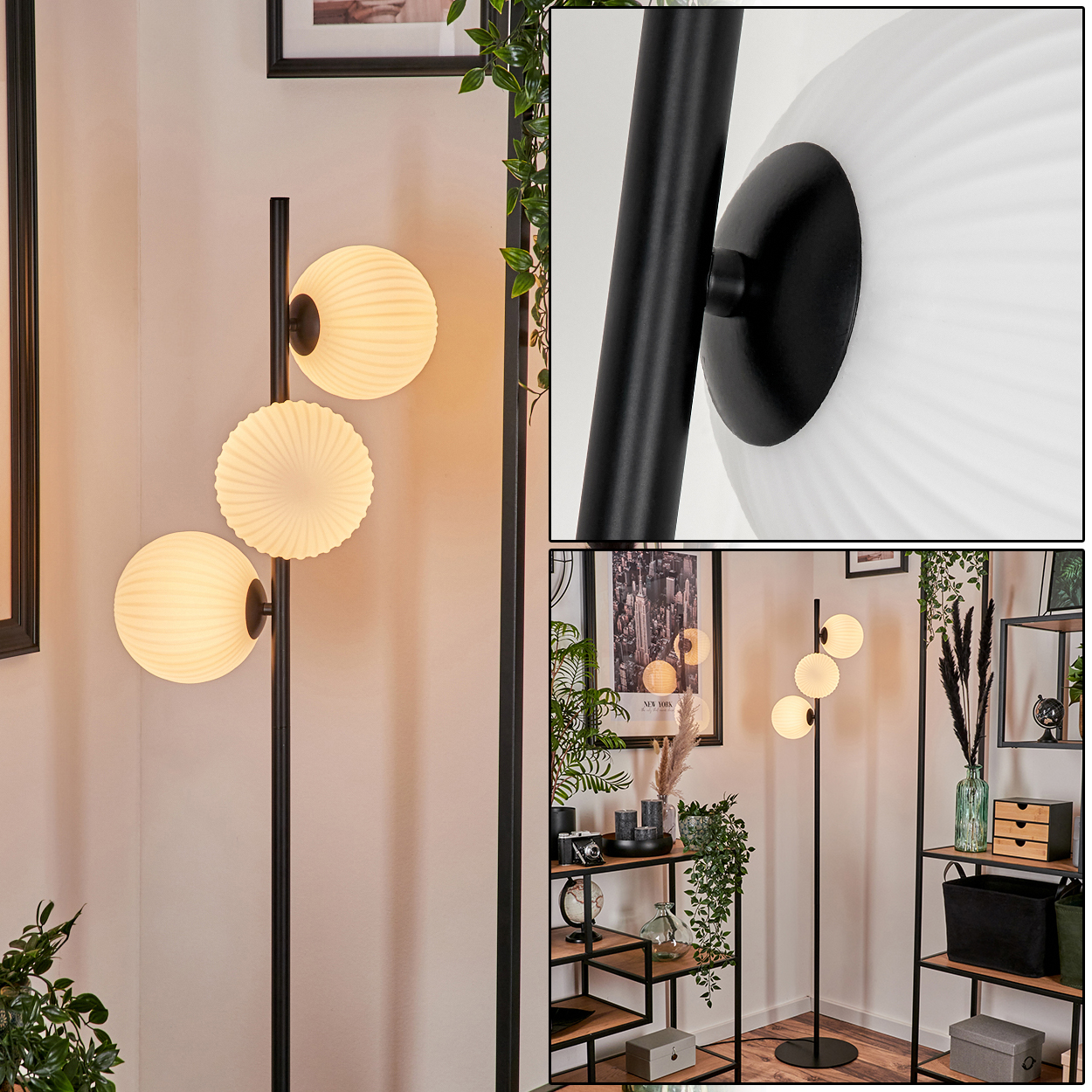 Eine schwarze Stehlampe mit drei kugelförmigen, strukturierten, cremefarbenen Lichtern. Der Hintergrund zeigt Regale, Pflanzen und gerahmte Bilder.